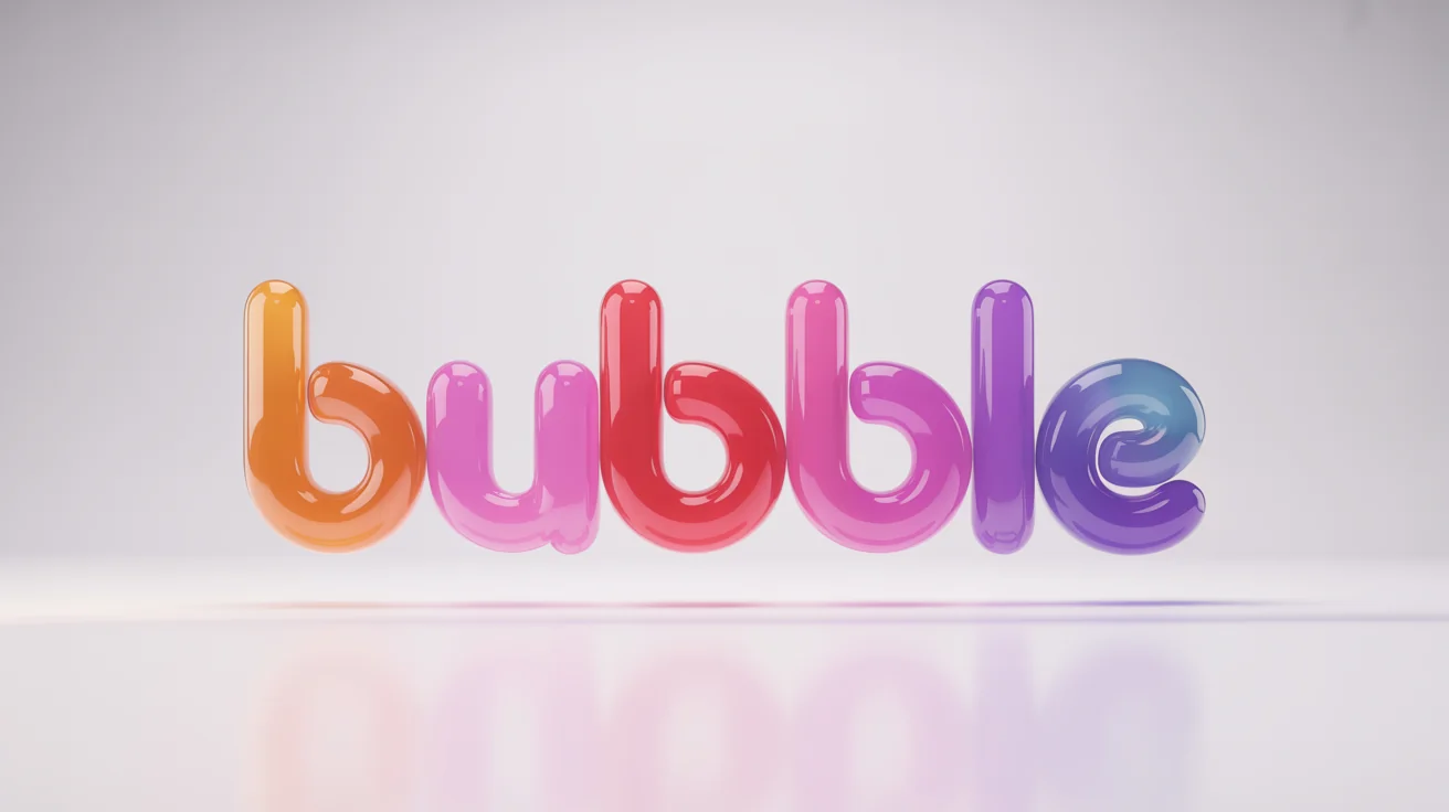 A vibrant 3D logo of the word 'BUBBLE' in a glossy, inflatable pink and purple font, set against a clean white background.