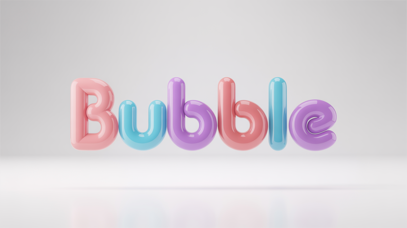 A colorful 3D logo mockup of the word 'BUBBLE' written in a playful, glossy, and puffy font, set against a plain white background.