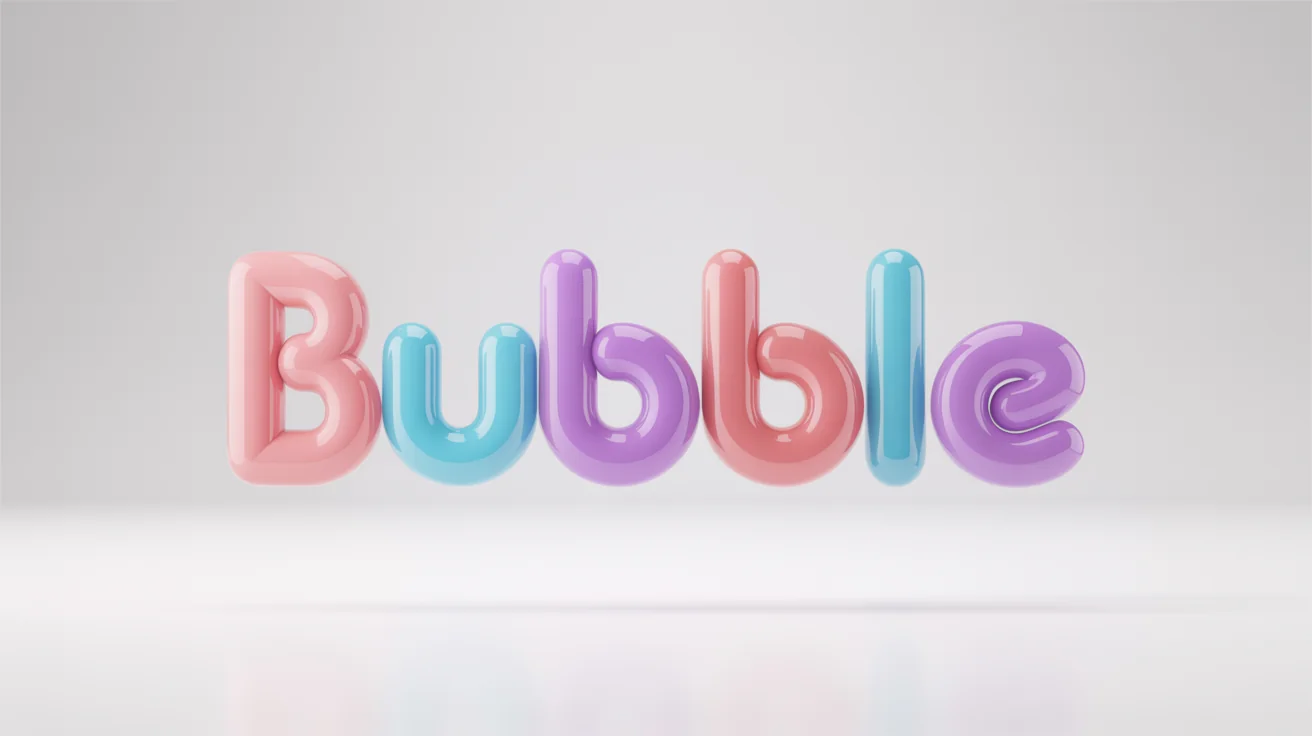 A colorful 3D logo mockup of the word 'BUBBLE' written in a playful, glossy, and puffy font, set against a plain white background.