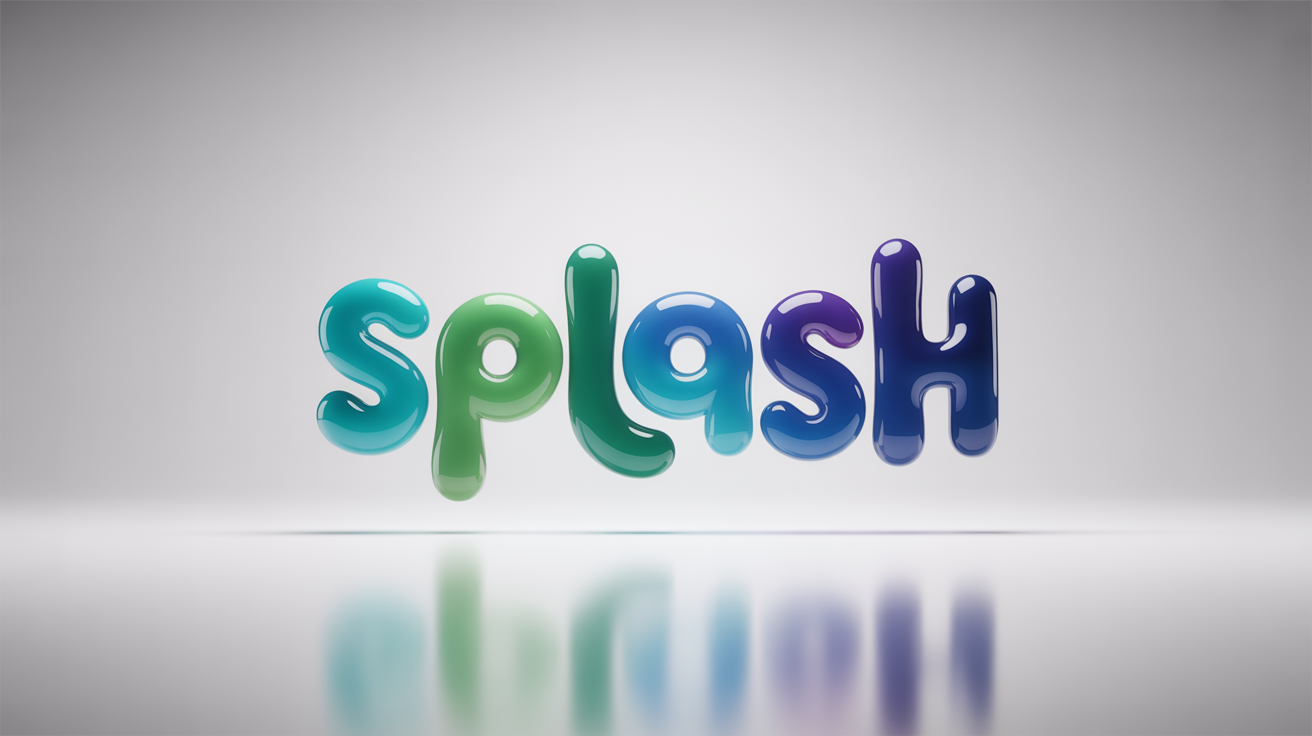 A logo mockup featuring the word "SPLASH" written in a glossy, 3D blue and turquoise bubble font against a stark white background.