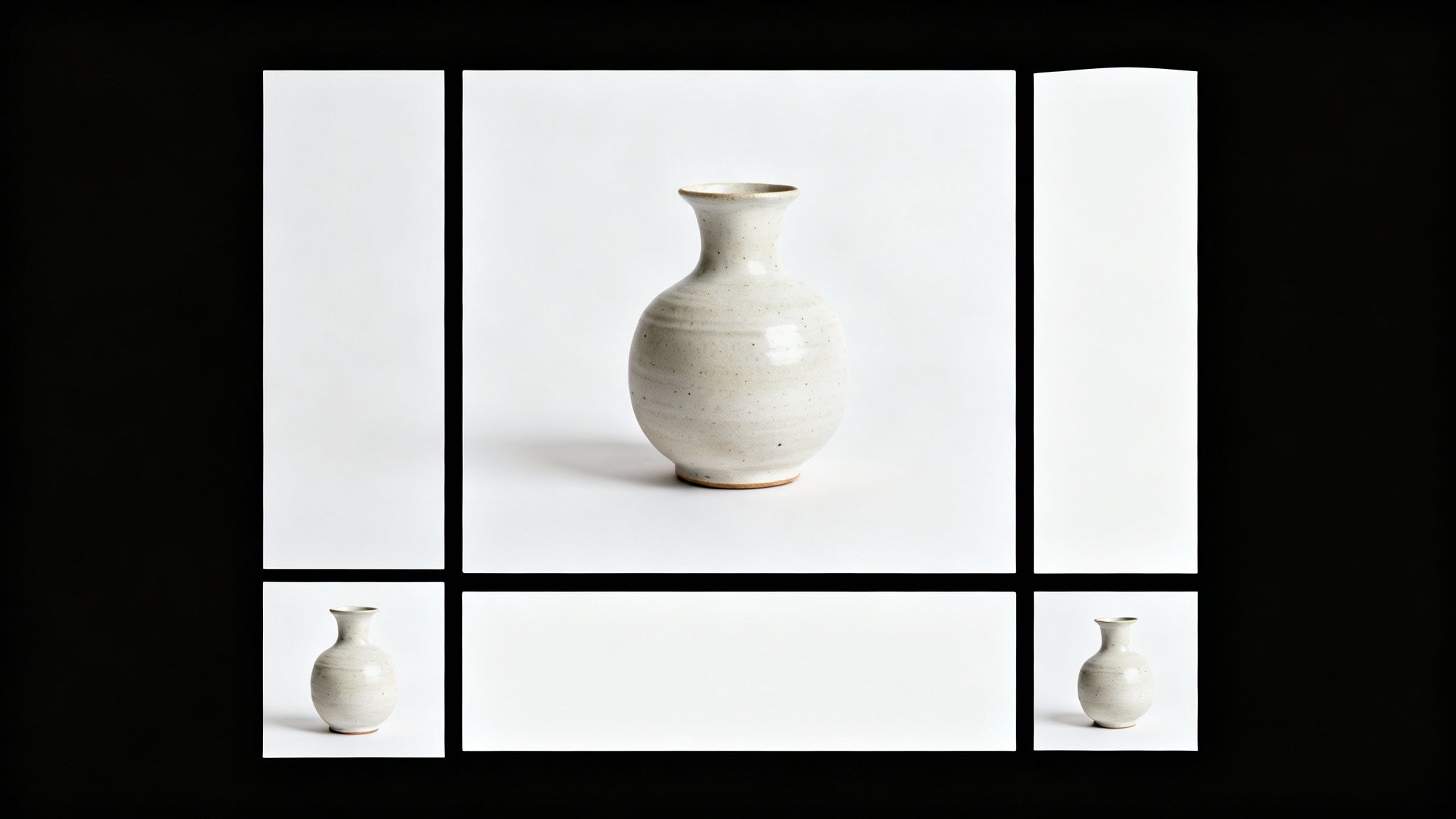 A visual representation of an image resizer, showing a central photo of a ceramic vase with smaller, resized versions in square, banner, and vertical formats arranged around it on a white background.