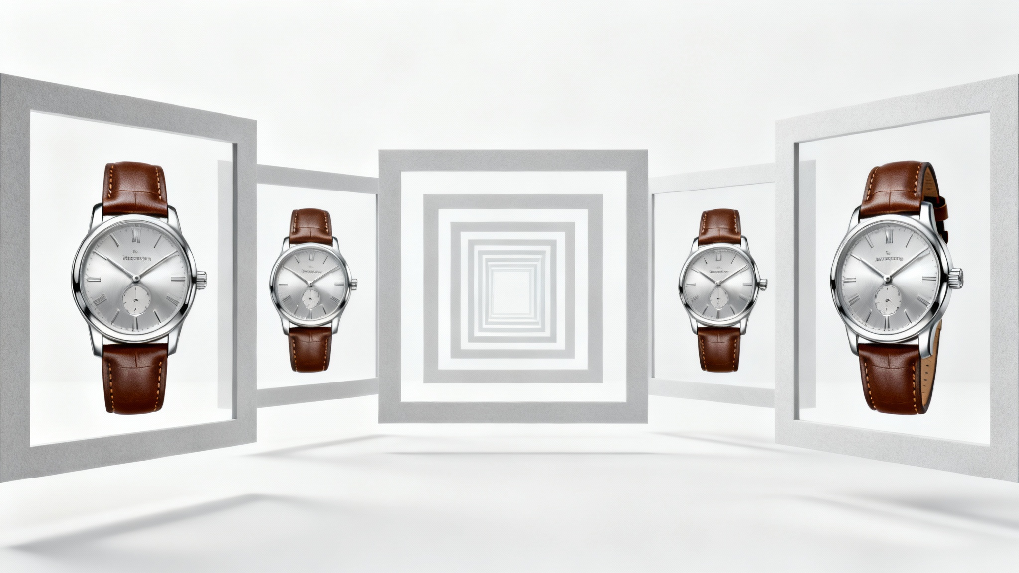 A visual metaphor for image resizing, showing four concentric frames of decreasing size, each containing a perfect, high-quality image of a luxury watch, set against a clean white background.