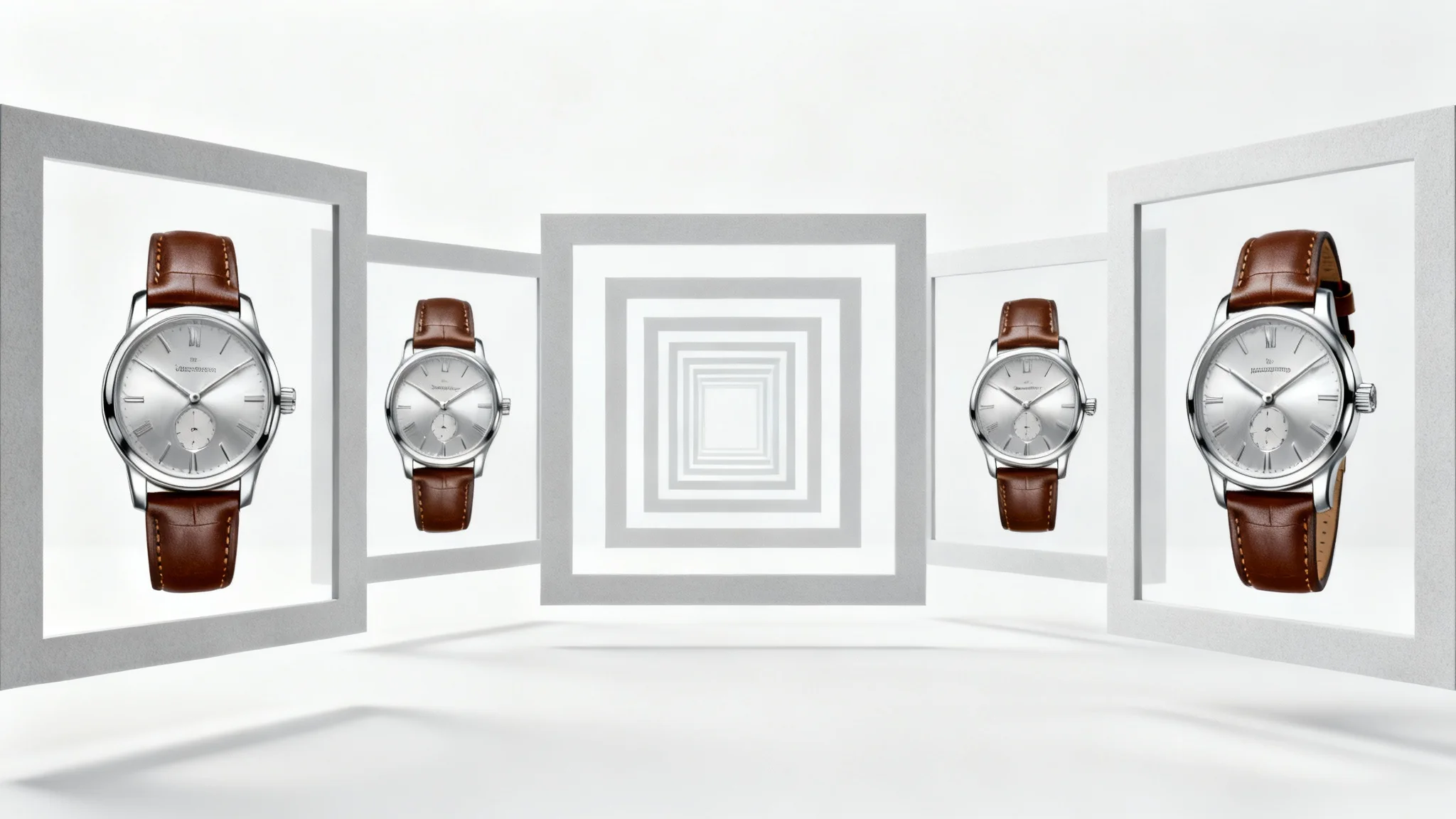 A visual metaphor for image resizing, showing four concentric frames of decreasing size, each containing a perfect, high-quality image of a luxury watch, set against a clean white background.