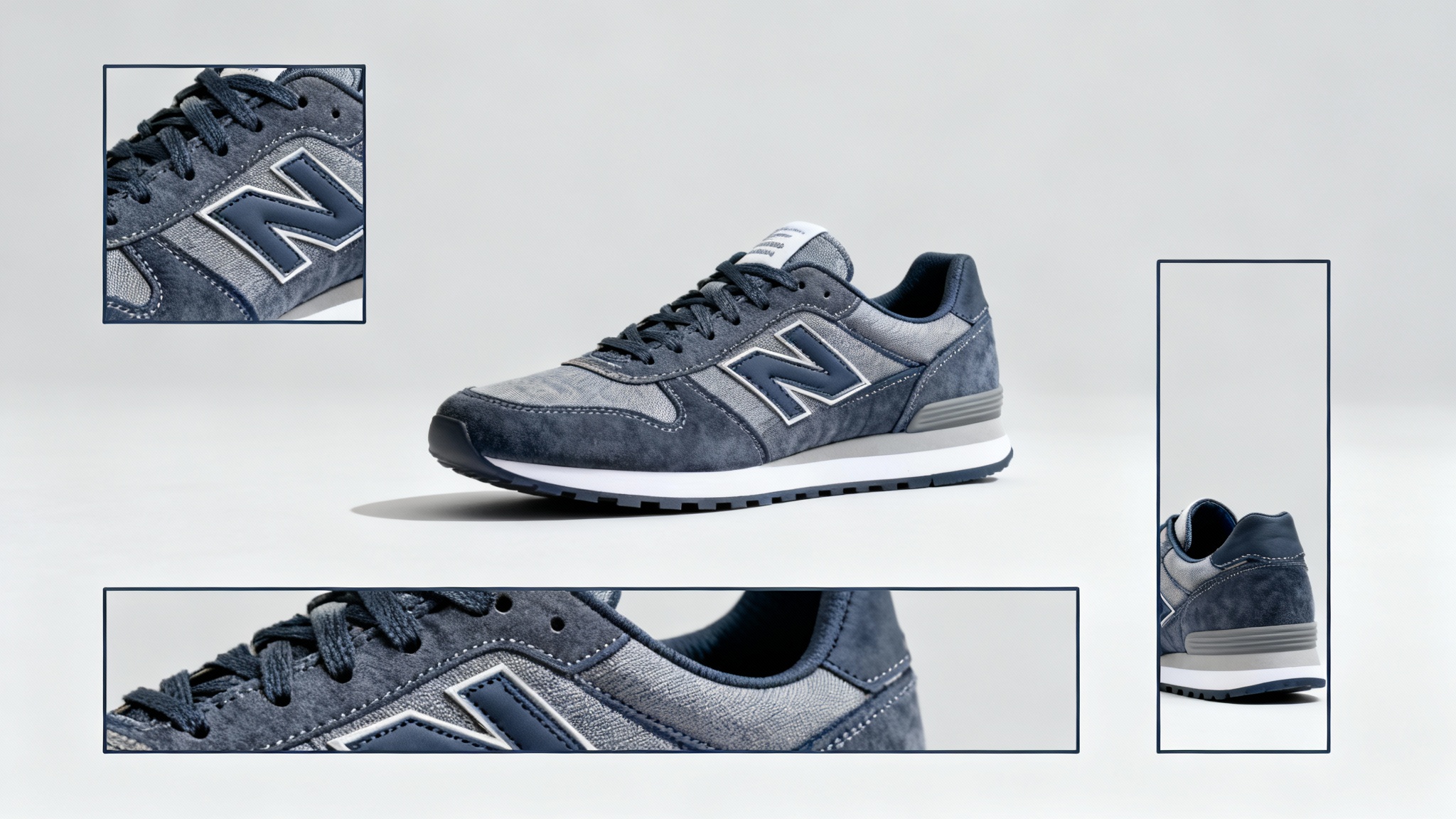 A central image of a high-quality sneaker surrounded by three smaller versions of the same image, each cropped to a different aspect ratio (square, wide banner, tall rectangle) to illustrate the concept of image resizing.