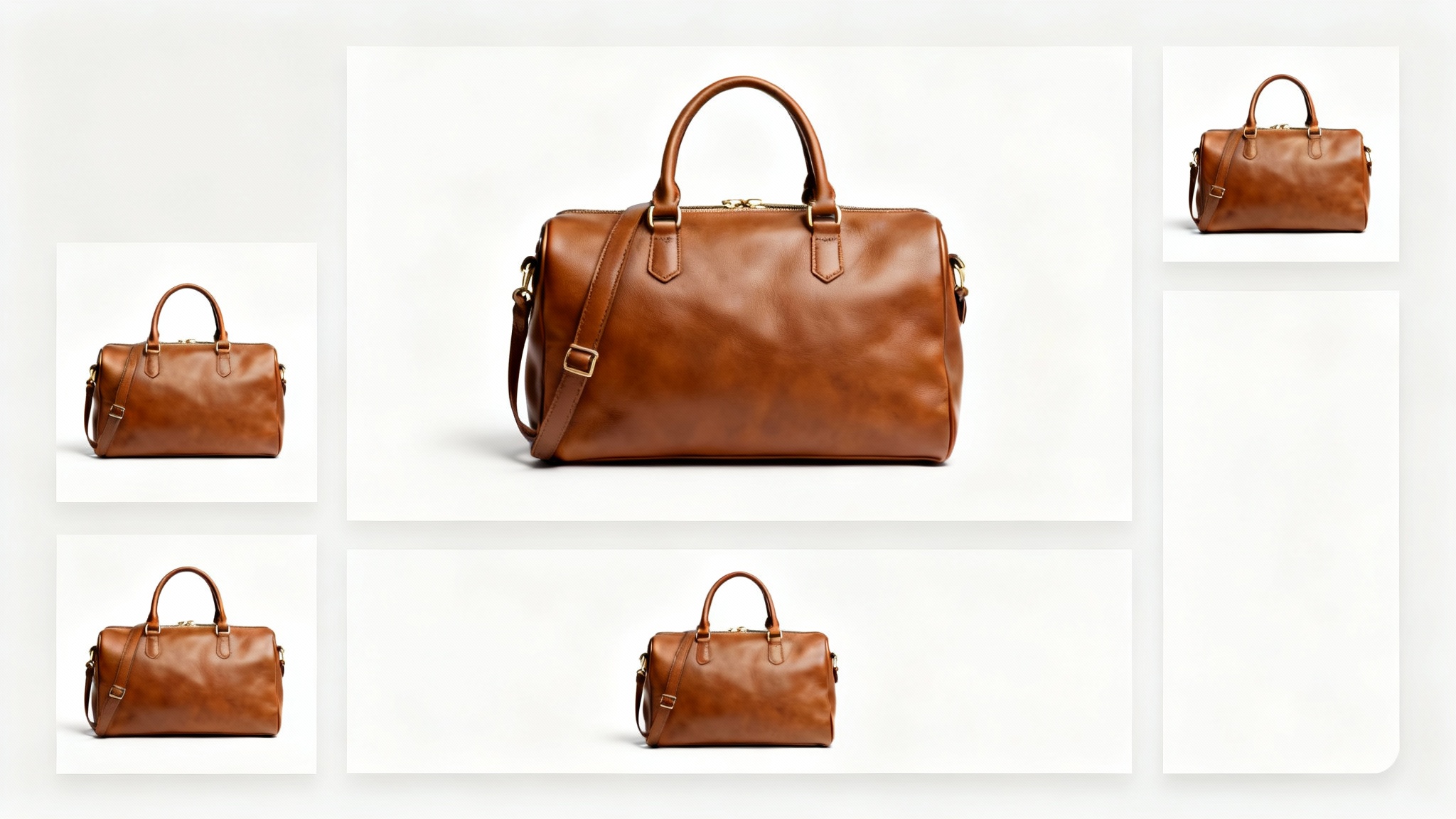 A product photo of a leather handbag shown in multiple sizes and aspect ratios on a white background, illustrating the concept of a Shopify image resizer.
