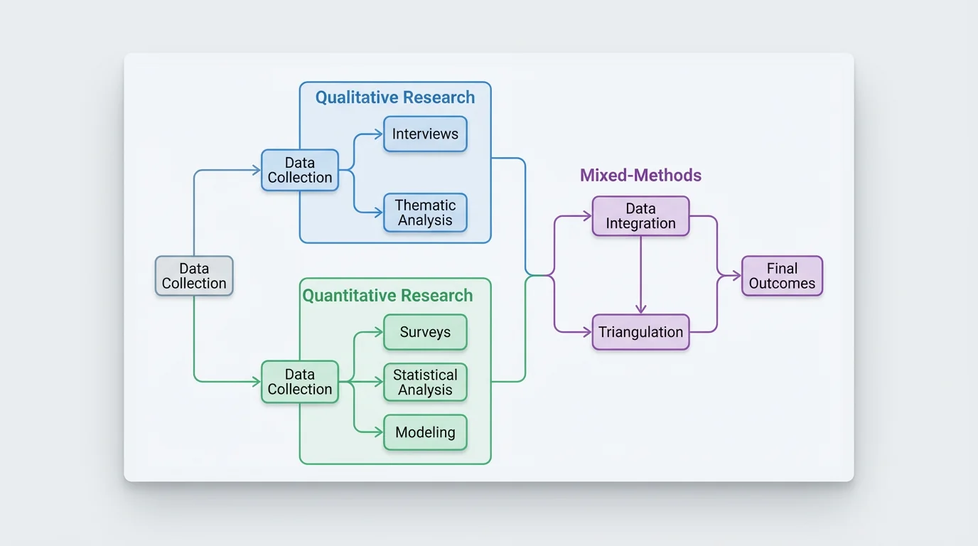 A professionally designed methodology diagram showing the relationship between qualitative, quantitative, and mixed-methods research, presented as a polished final result against a clean background.