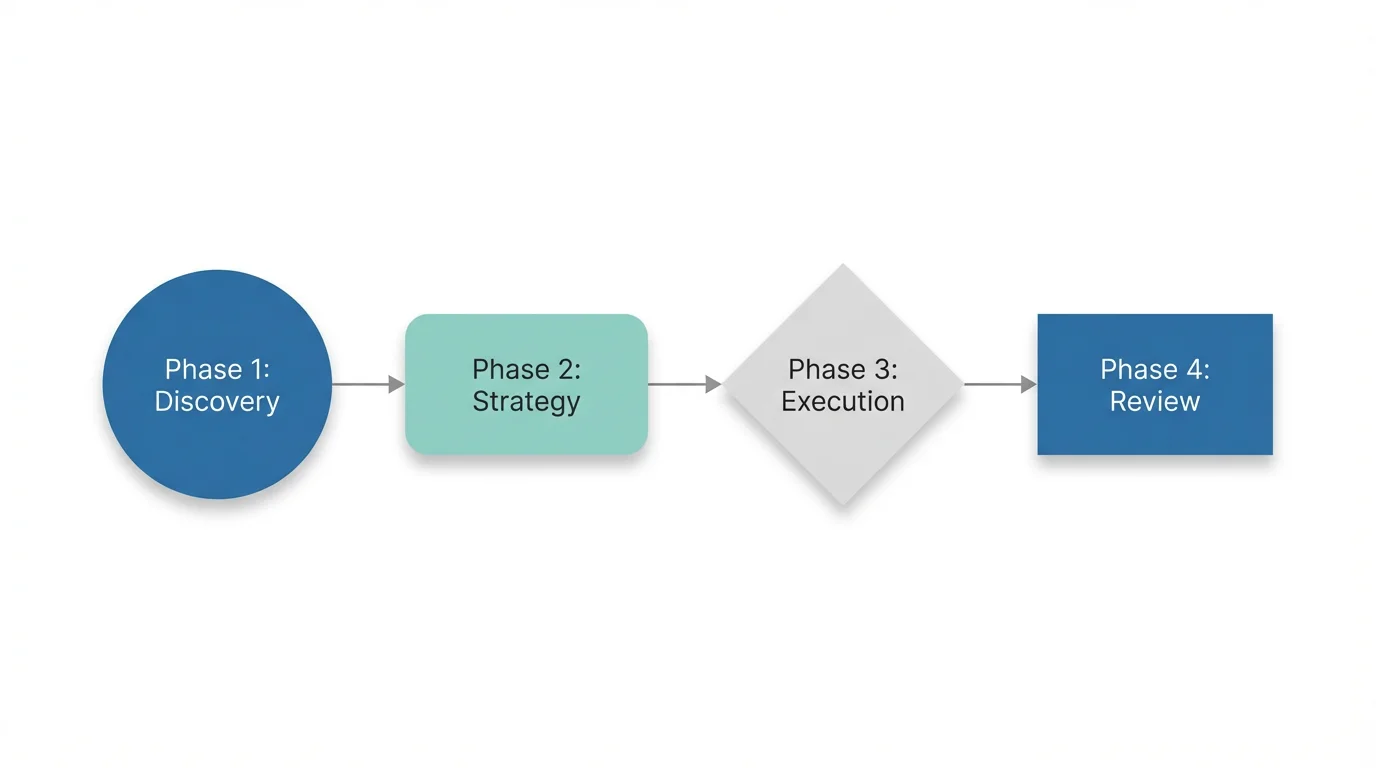 A modern methodology diagram illustrating a four-phase process: Discovery, Strategy, Execution, and Review, using blue, teal, and grey geometric shapes on a white background.