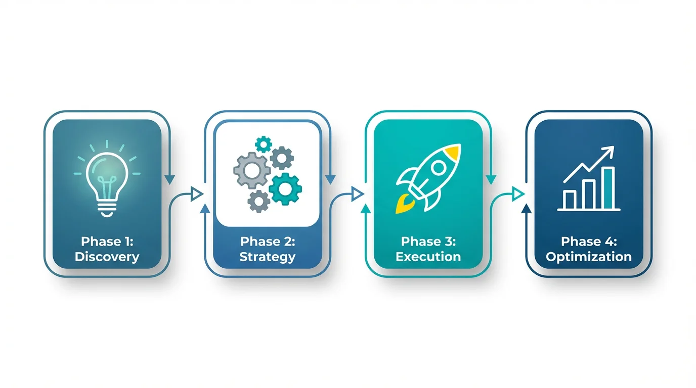 A modern, 4-step methodology diagram showing a process from Discovery to Optimization, using blue and teal shapes with icons on a clean white background.