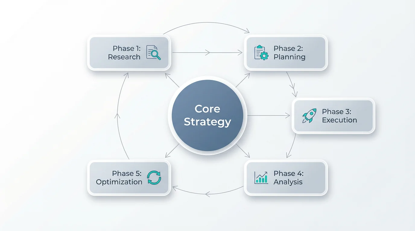 A professional methodology diagram mockup showing a five-phase process, with a central 'Core Strategy' node branching out to 'Research', 'Planning', 'Execution', 'Analysis', and 'Optimization'.