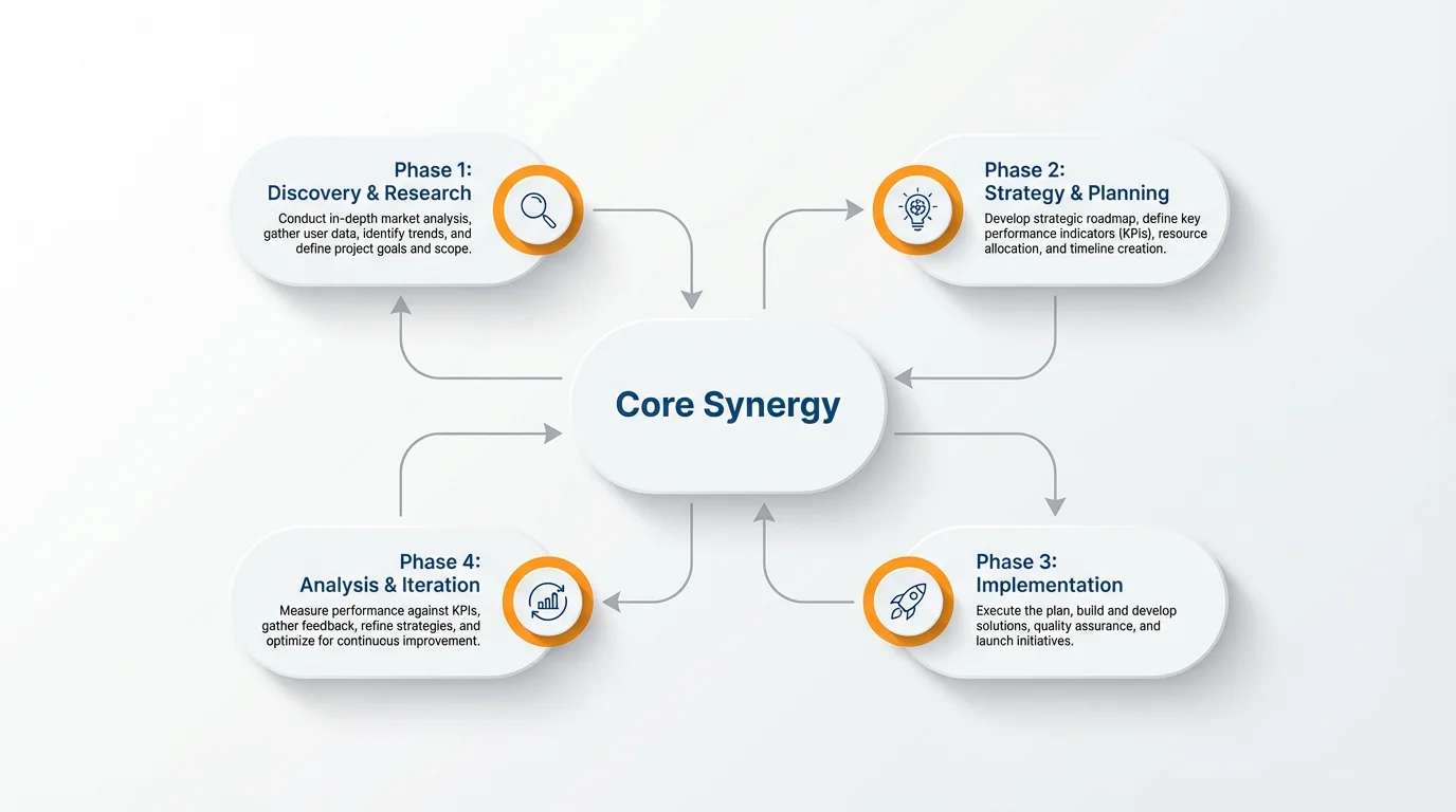 A professional mockup of a methodology diagram showing a four-stage process: Discovery, Strategy, Implementation, and Analysis. The diagram uses blue and teal shapes with orange accents on a clean white background.
