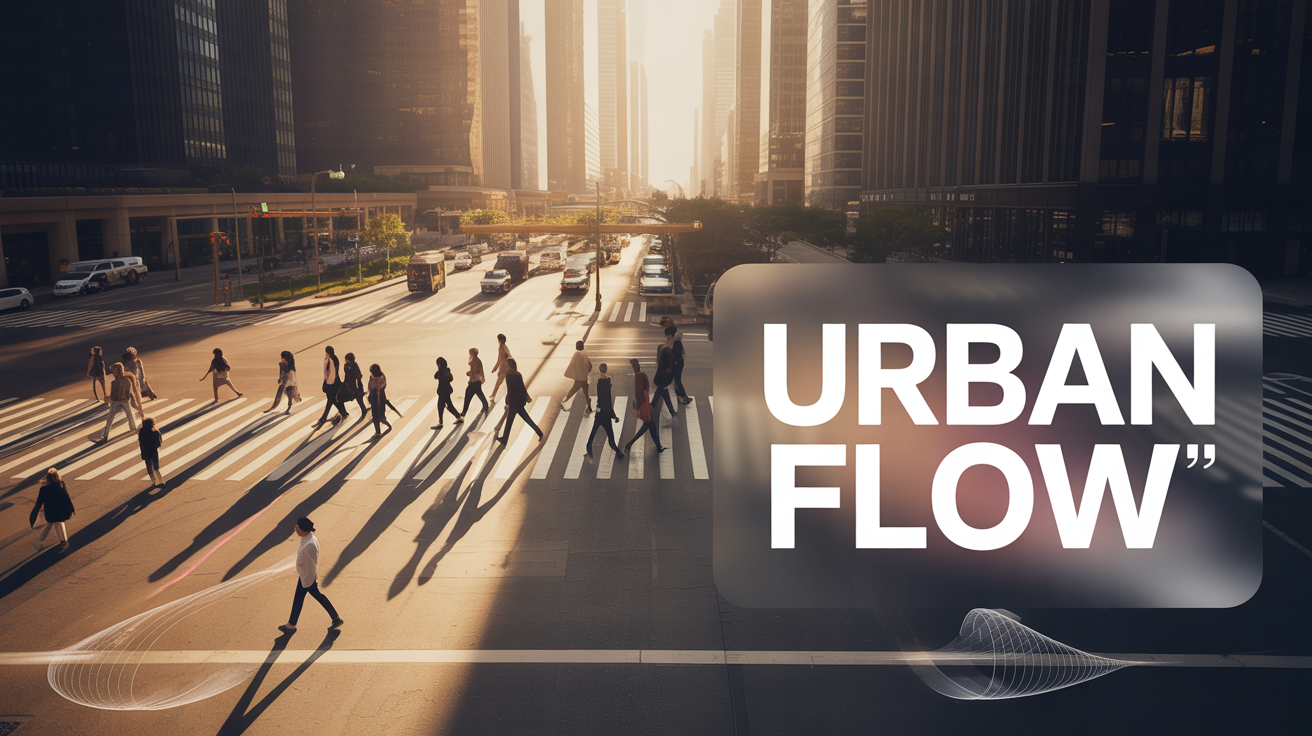 A polished hero image showing an aerial view of a city crosswalk, enhanced with cinematic colors and a modern, semi-transparent white overlay with the text 'URBAN FLOW'.