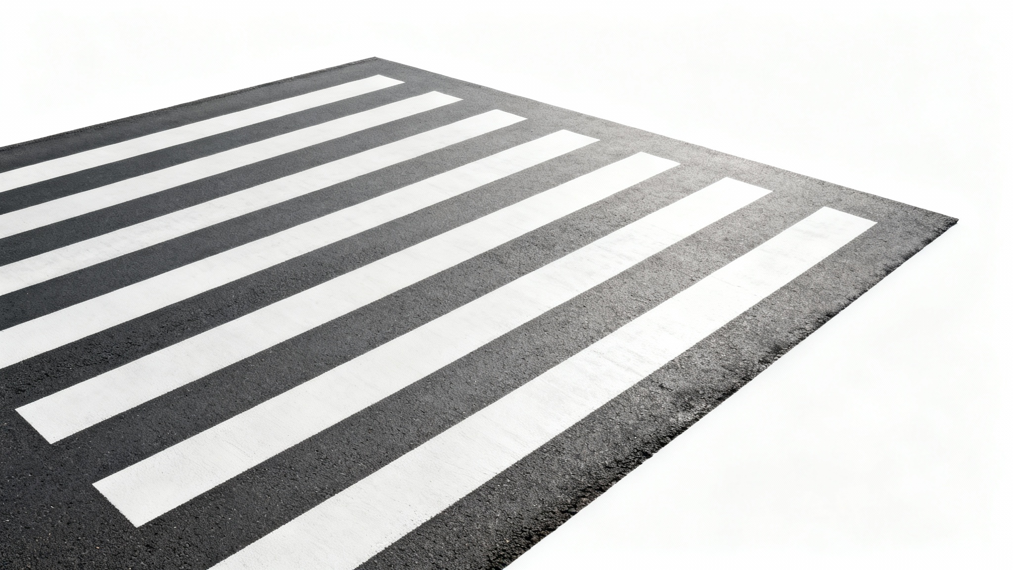 A photorealistic, top-down view of a modern zebra crosswalk with bold white stripes on dark asphalt, isolated against a clean white background.
