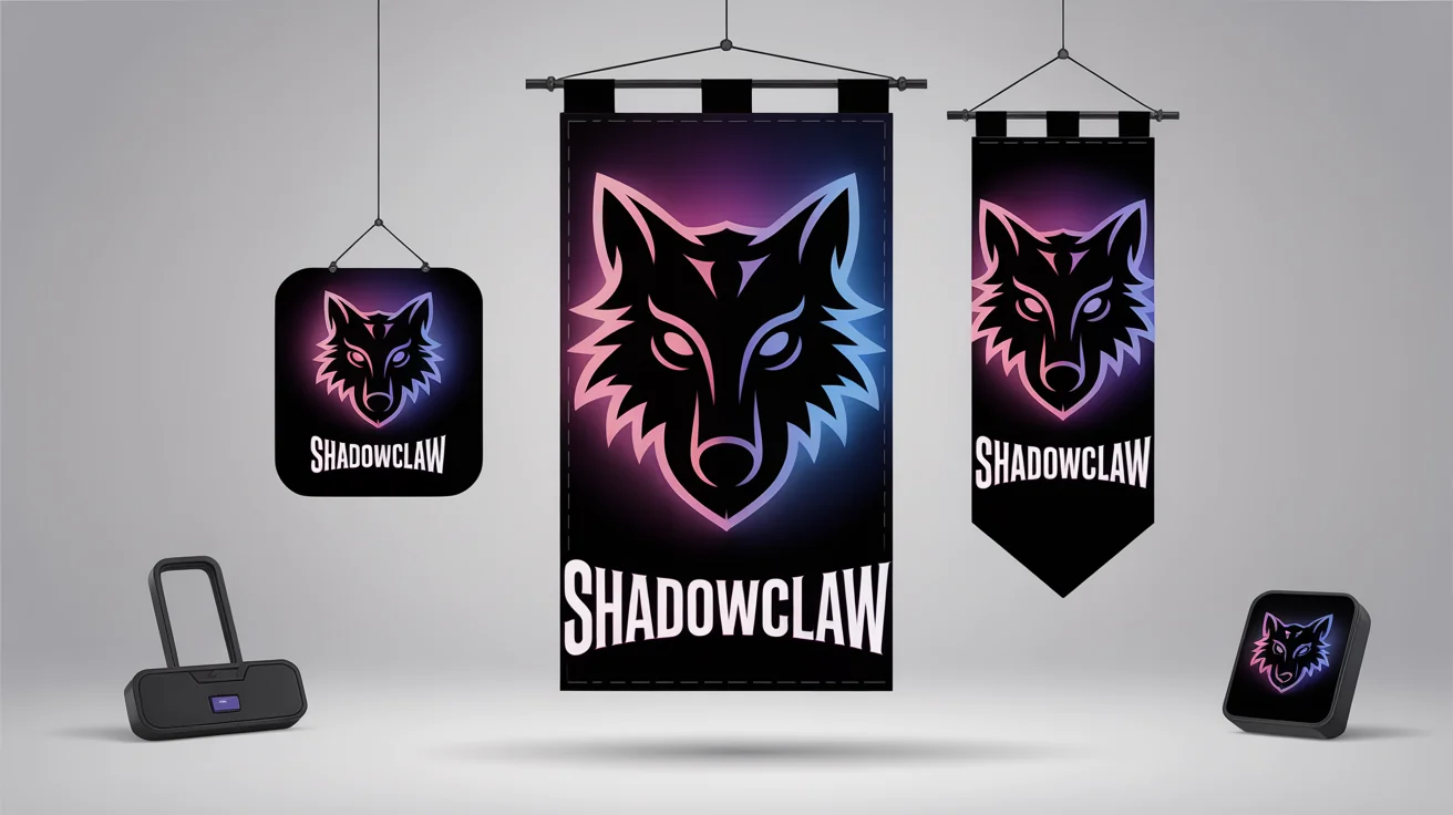 A professionally designed, eye-catching banner for a gaming clan called 'Shadowclaw', featuring a glowing ethereal wolf sigil in purple and blue on a dark background.