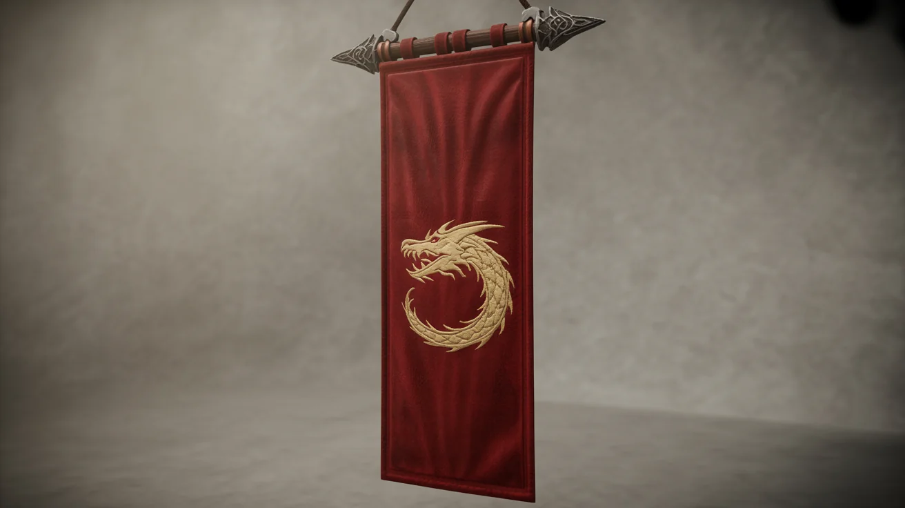 A deep crimson velvet clan banner hanging against a white background, featuring a golden embroidered dragon sigil and the words 'Crimson Fang Clan'.