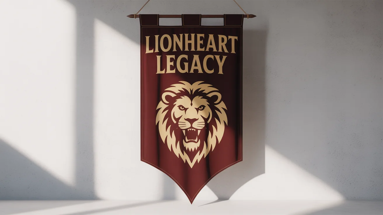 A medieval-style clan banner mockup for the 'Lionheart Legacy' clan, featuring a golden roaring lion emblem on a crimson background, against a plain white backdrop.