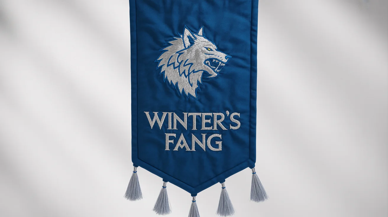 A photorealistic mockup of a royal blue fantasy clan banner featuring an embroidered silver wolf's head and the text 'WINTER'S FANG' in silver runic font, set against a plain white background.