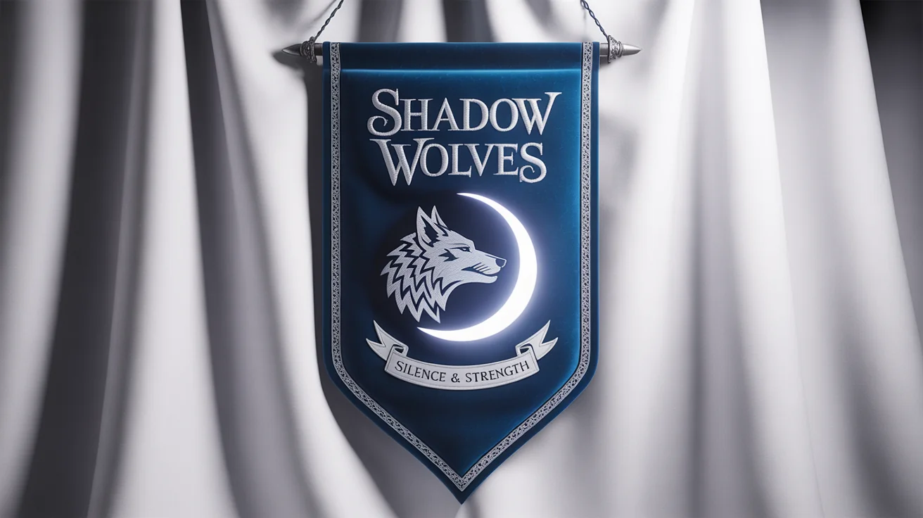 A fantasy clan banner for the 'SHADOW WOLVES', featuring a silver wolf and moon emblem on a blue velvet background.