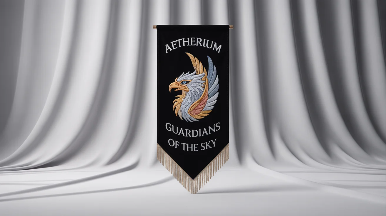 A mockup of a vertical black clan banner for the clan 'AETHERIUM'. It features a detailed gold and silver embroidered griffin emblem and the motto 'Guardians of the Sky'.