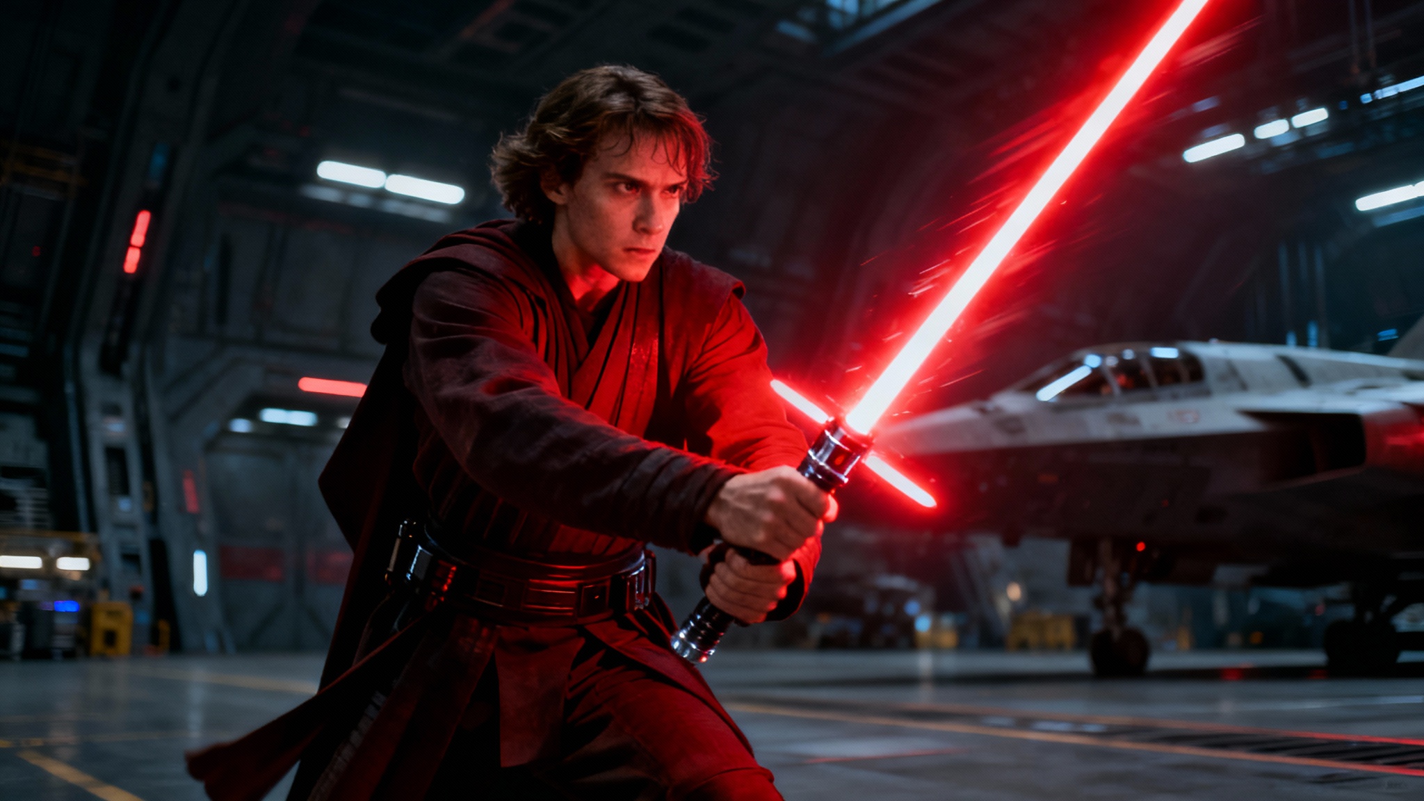 A person in a dark futuristic setting holding a glowing red lightsaber in a dynamic action pose. The light from the saber is the main light source, creating a dramatic, cinematic effect.