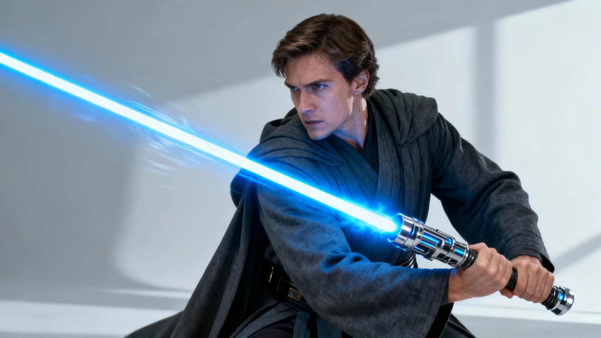 A person in a dark tunic holding a glowing blue lightsaber against a plain light gray background, demonstrating a cinematic lightsaber effect.