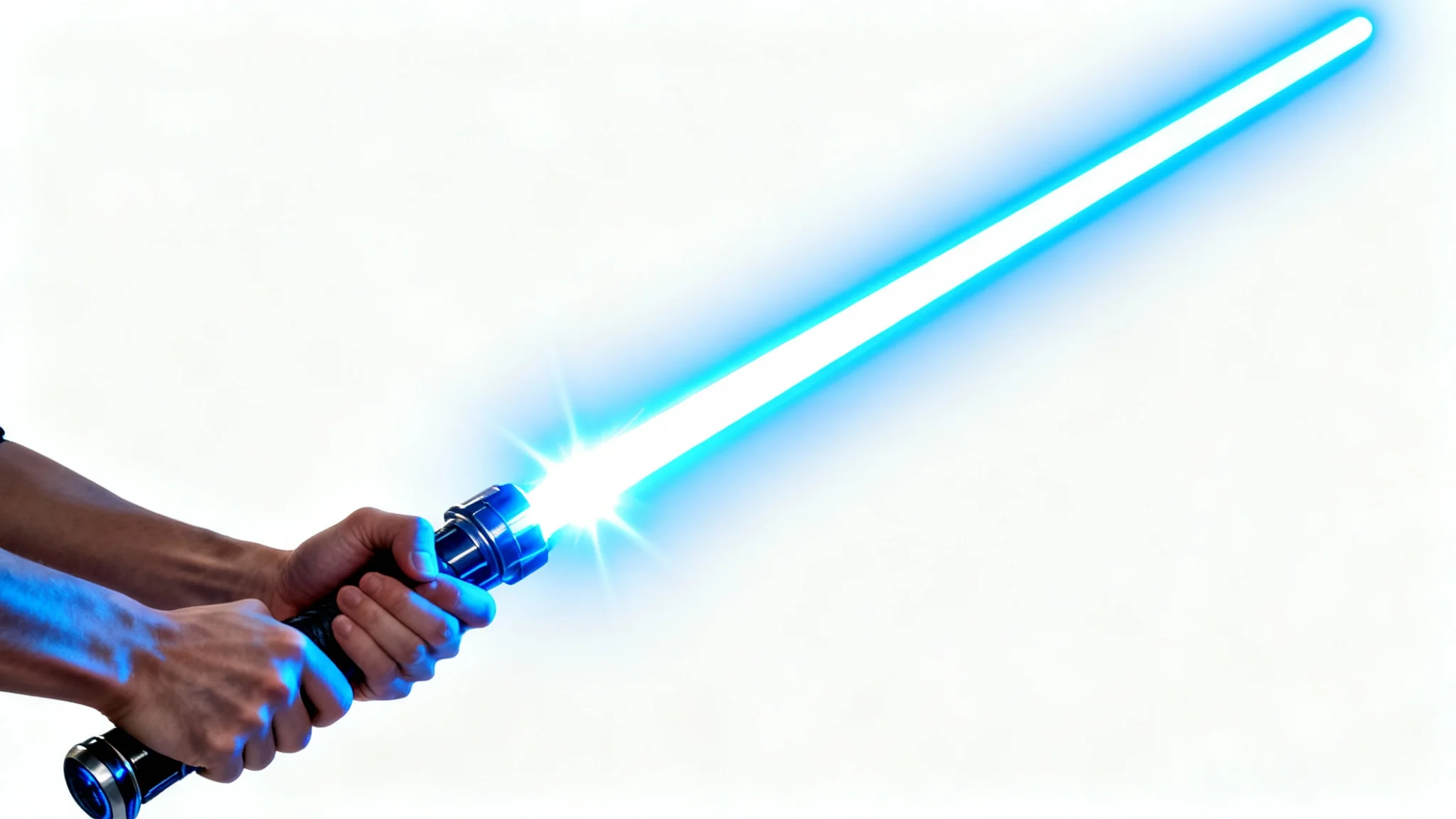A photorealistic image of hands holding a glowing blue lightsaber against a stark white background, showcasing a powerful lightsaber effect.