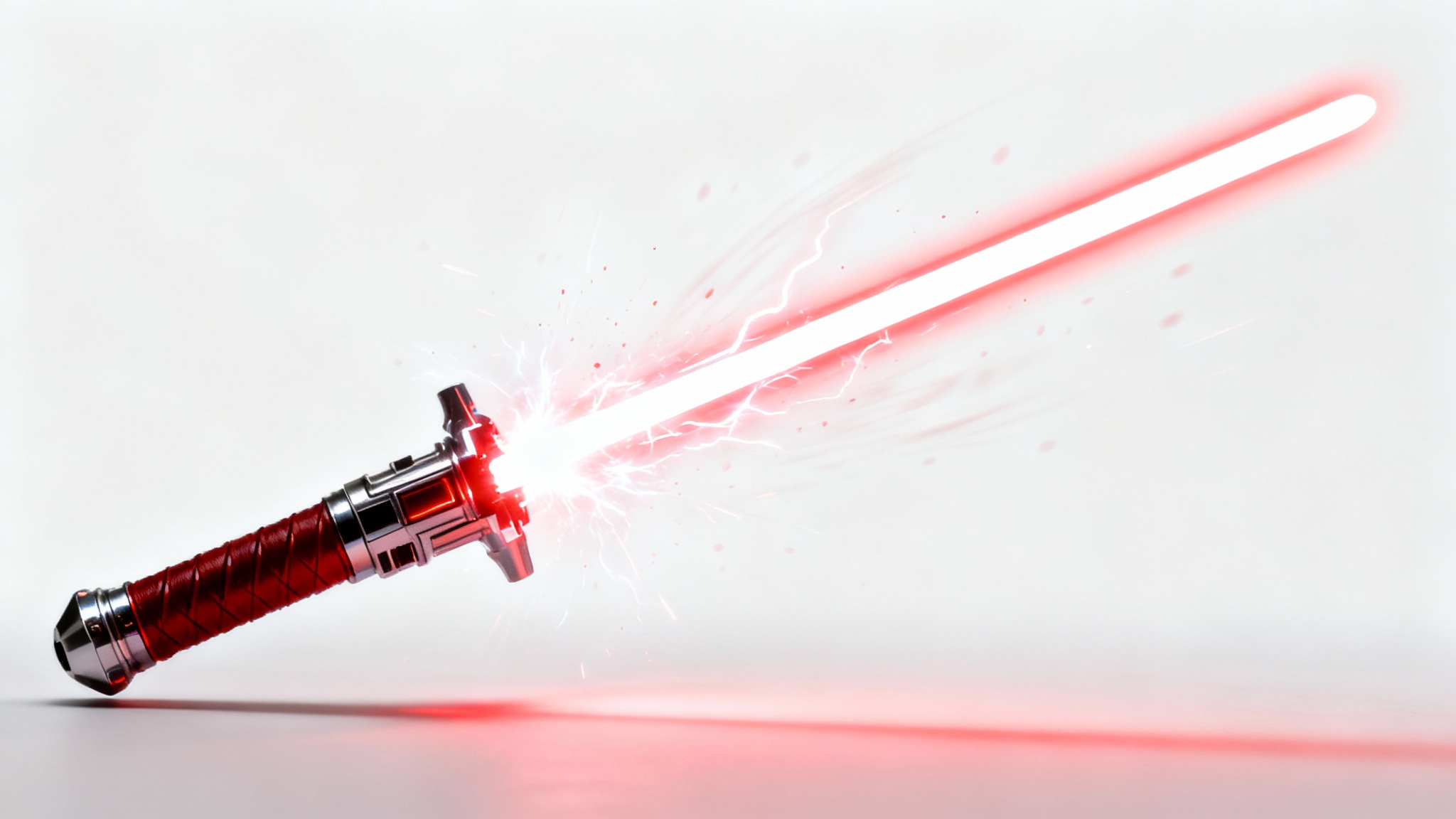 A hyper-realistic image of a red lightsaber captured in mid-swing against a stark white background, showcasing its glowing blade and motion trail effect.