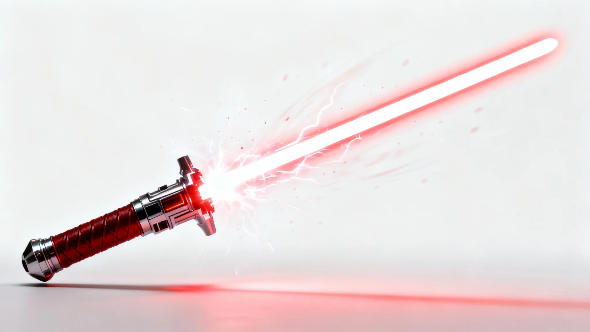 A hyper-realistic image of a red lightsaber captured in mid-swing against a stark white background, showcasing its glowing blade and motion trail effect.