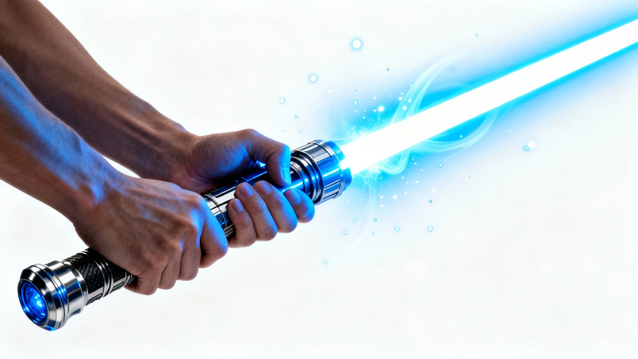 A close-up of hands holding a lightsaber with a brilliant blue glowing blade against a stark white background, showcasing a realistic lightsaber effect.