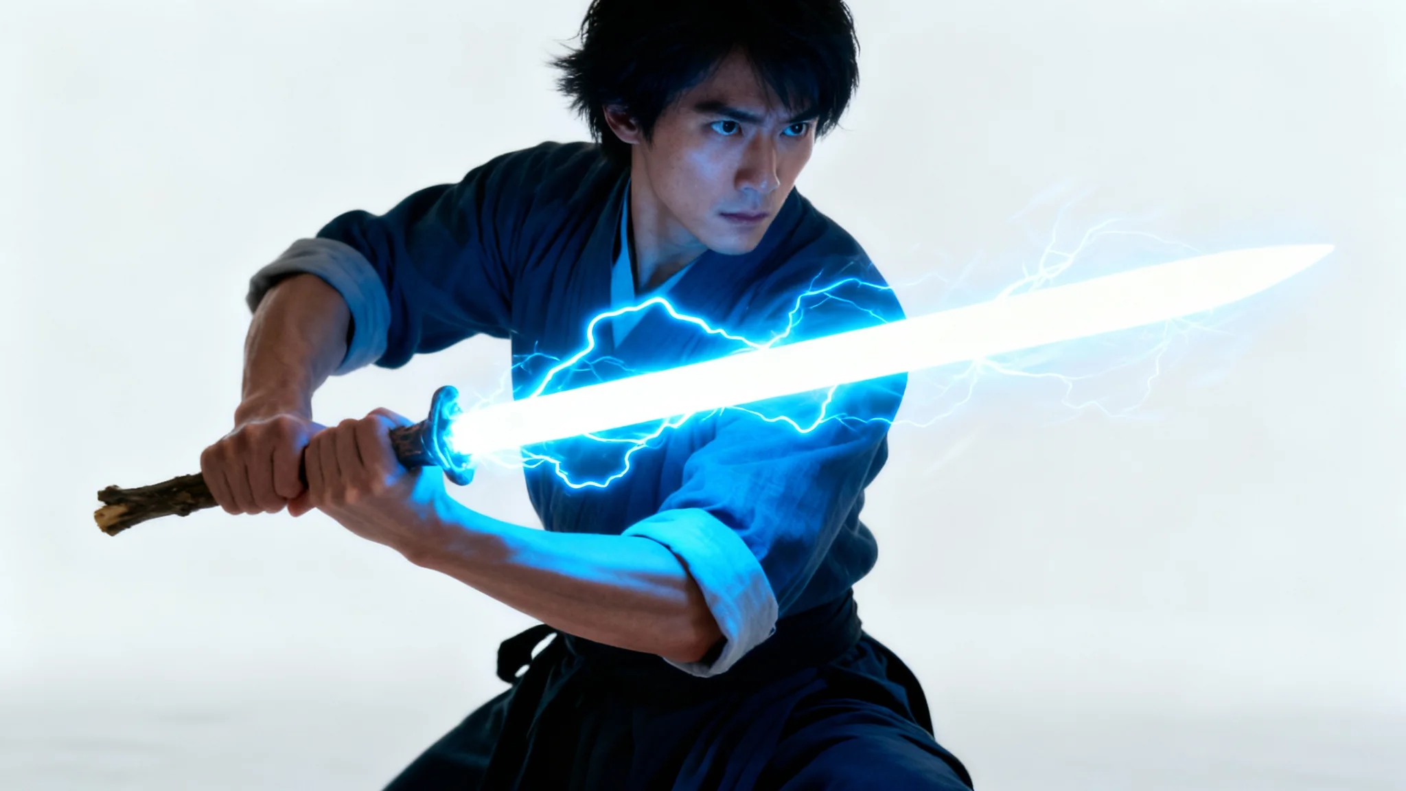 A photorealistic image of a person holding a glowing blue lightsaber against a plain white background, demonstrating a special effect.
