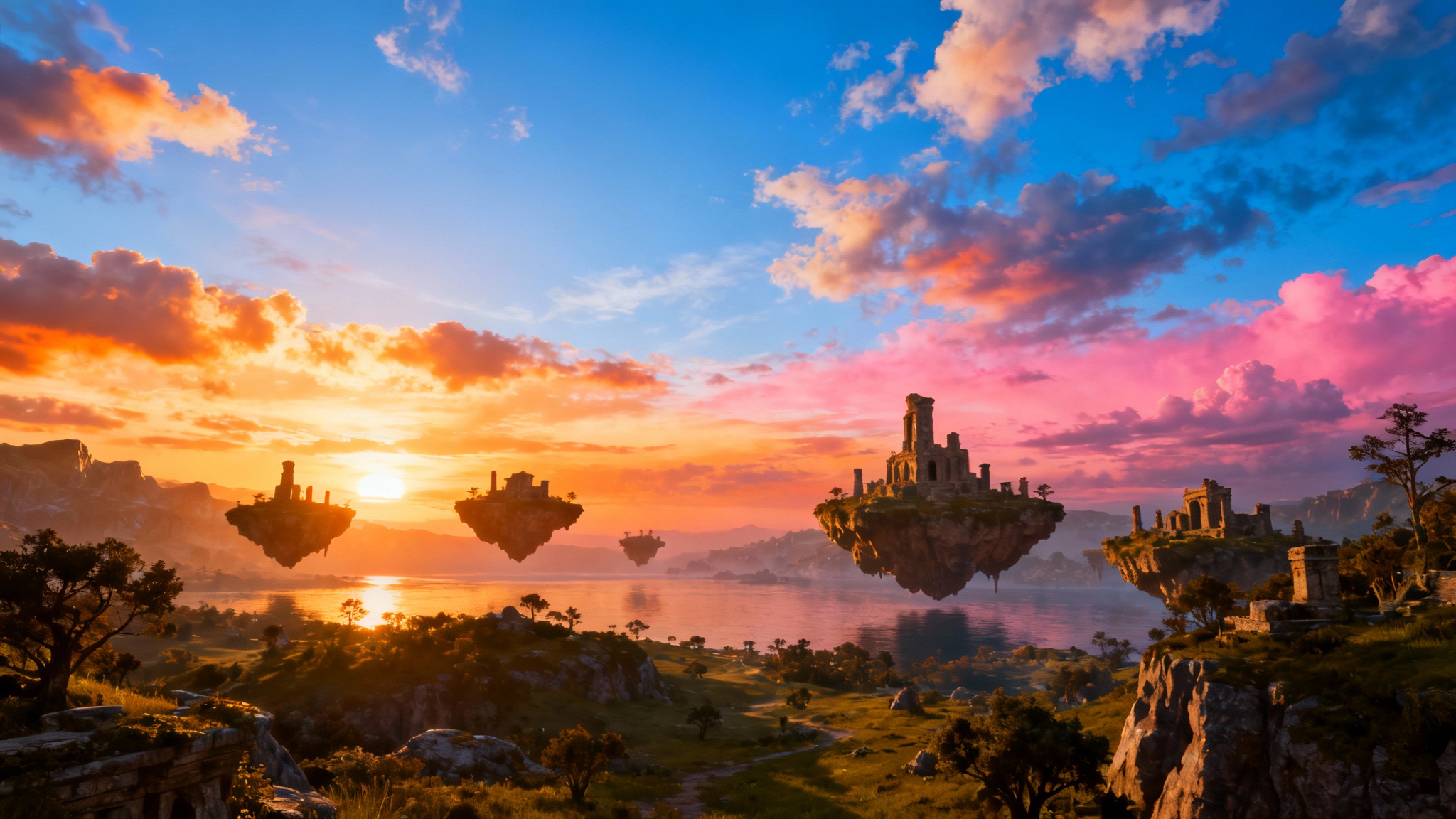 A stunning 3D fantasy landscape with floating islands, perfectly illuminated by a vibrant sunset skybox that fills the scene with warm orange, pink, and blue light, demonstrating a finished game environment.
