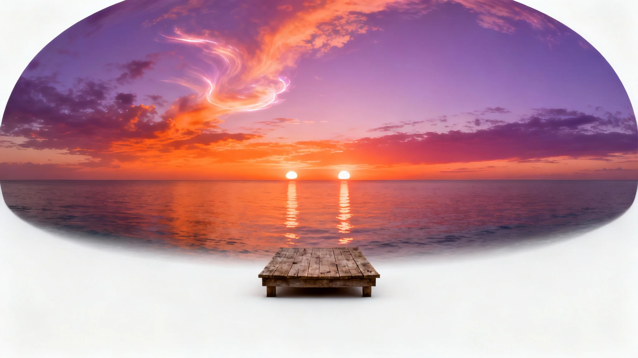 A hyper-realistic 360-degree view of a surreal ocean sunset with two suns, as seen from a small floating wooden platform, demonstrating a skybox concept.
