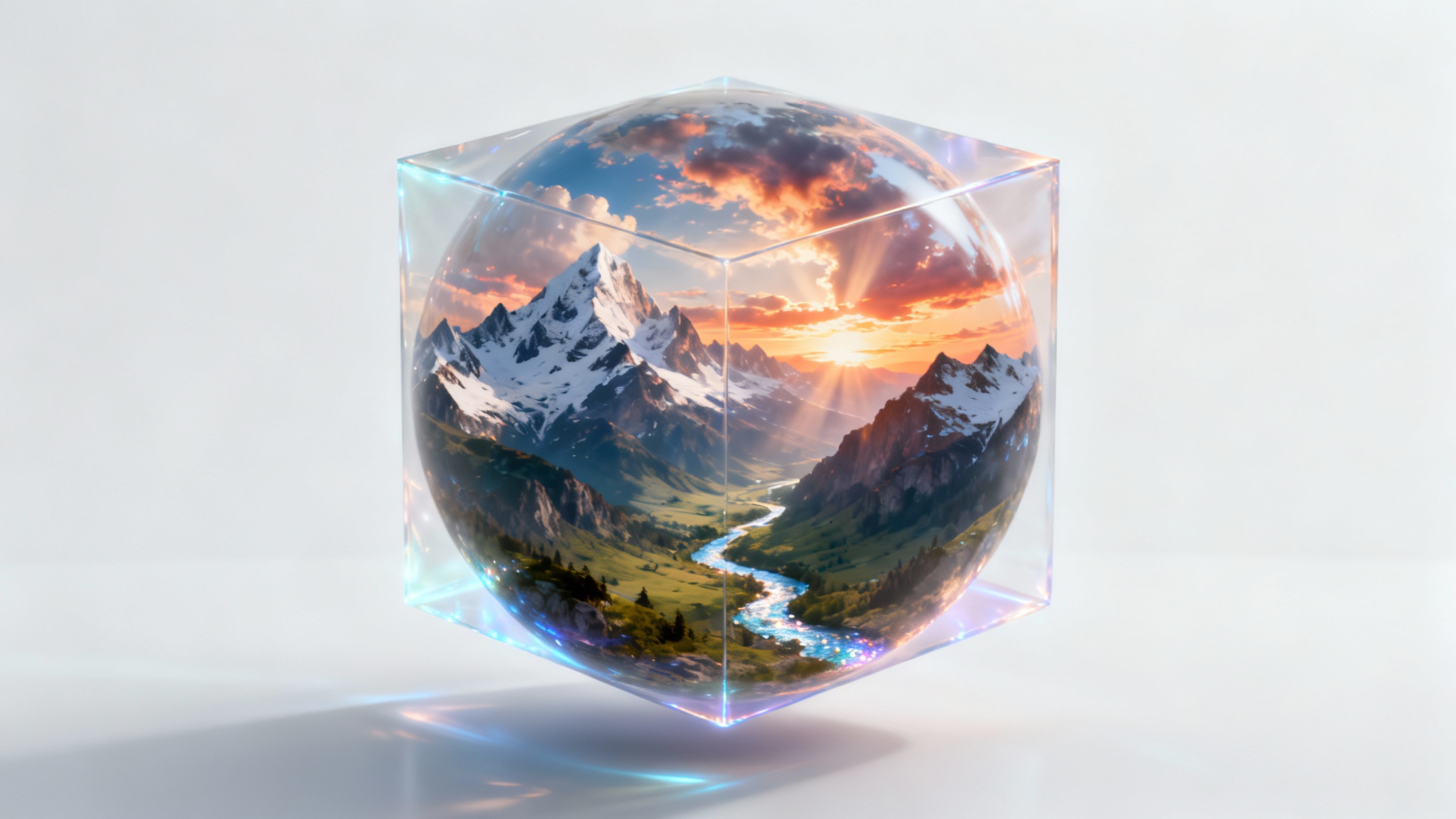 A glowing, semi-transparent cube against a white background, containing a complete 360-degree fantasy landscape of mountains and valleys, representing a digital skybox.