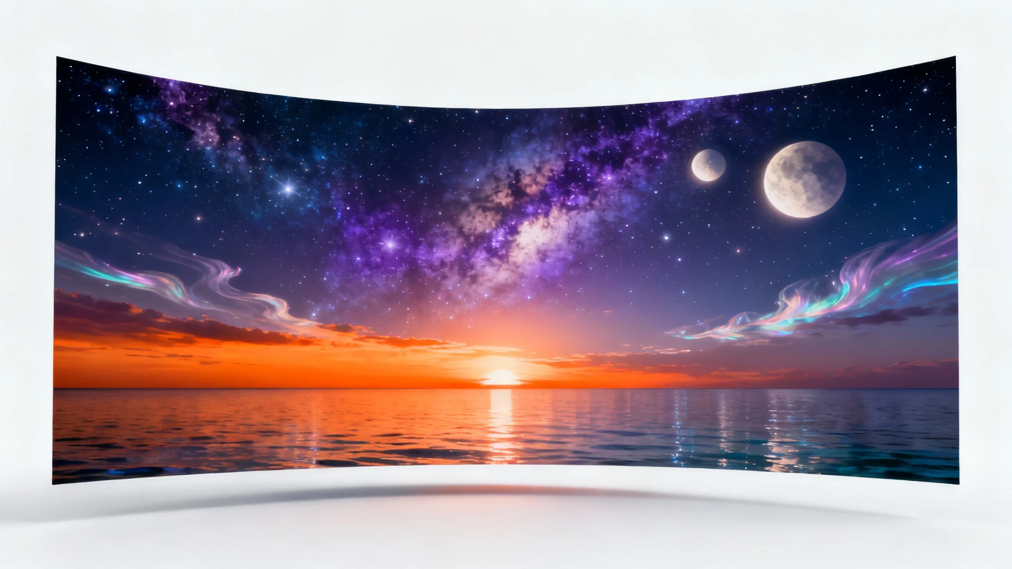 A hyper-realistic panoramic image of a fantasy skybox, showing a cosmic sunset over a calm ocean with two moons and colorful nebulae, displayed as a product mockup on a white background.