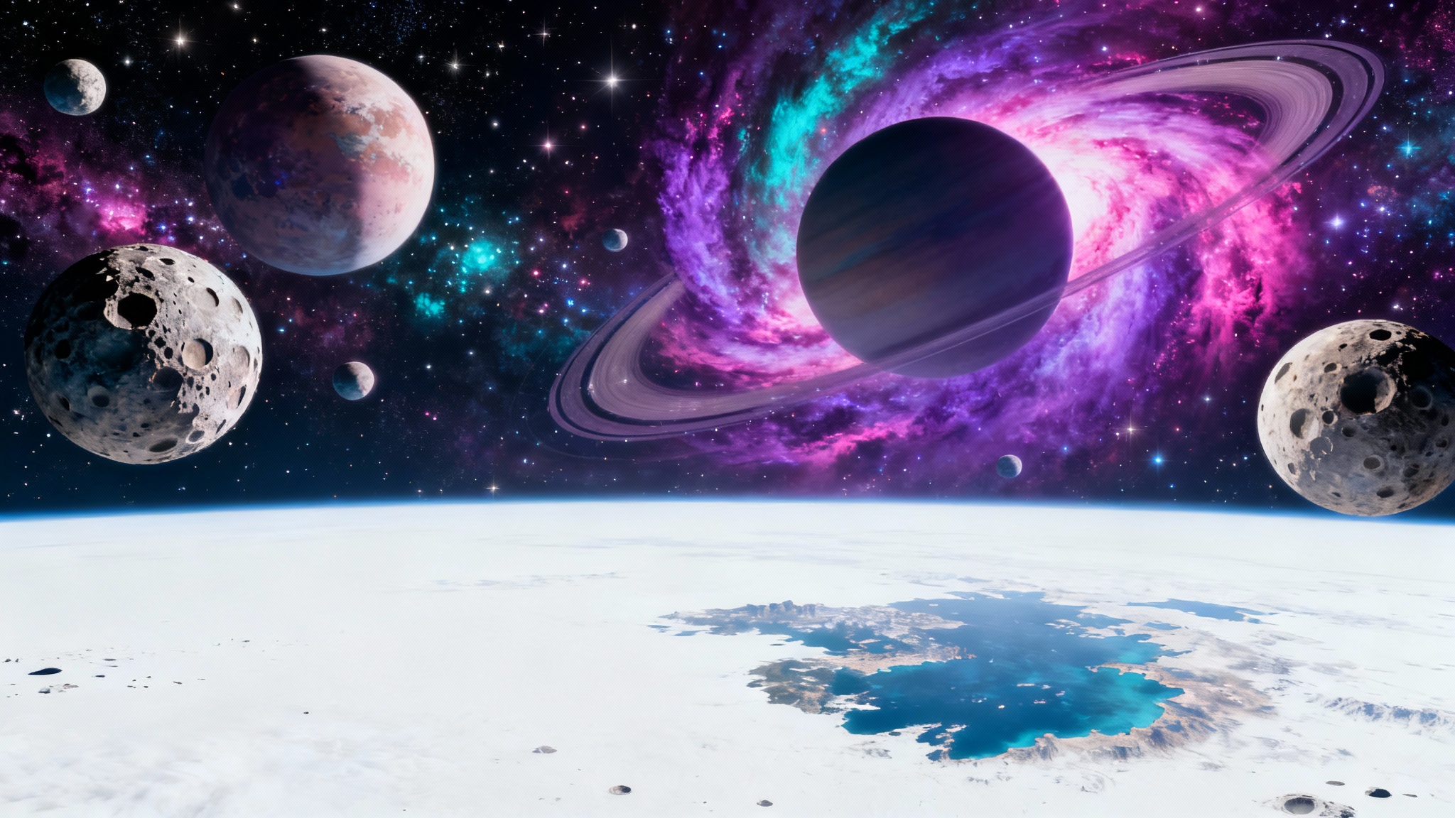 A photorealistic panoramic image of a celestial skybox, featuring a colorful nebula, several detailed moons, and distant stars, presented on a clean white background.