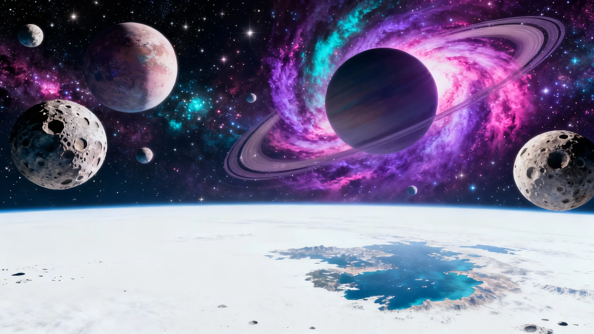 A photorealistic panoramic image of a celestial skybox, featuring a colorful nebula, several detailed moons, and distant stars, presented on a clean white background.