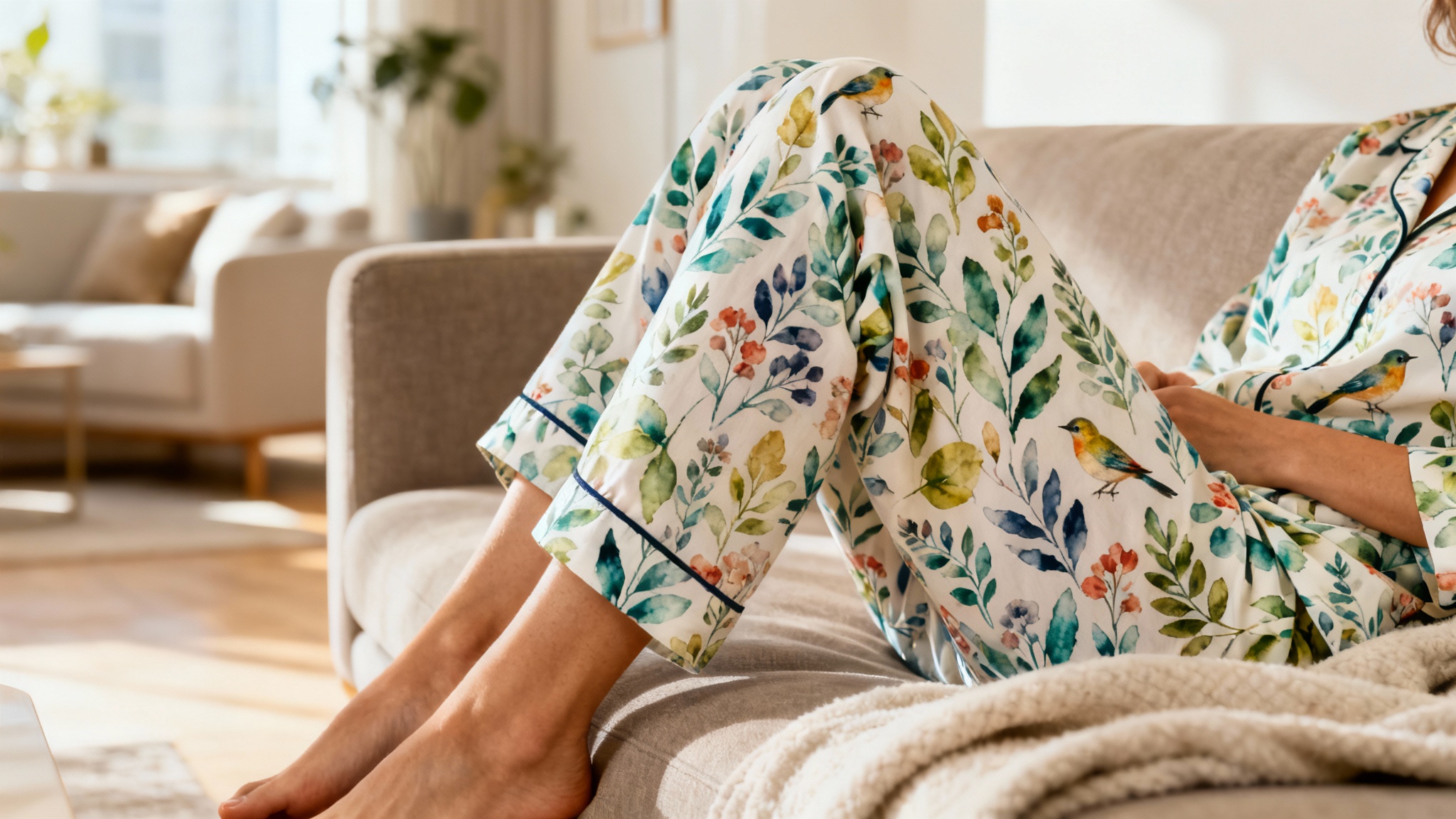 A person relaxing on a sofa wearing custom-printed pajama pants with a colorful pattern of watercolor flowers and birds, showcasing a final pajama pants mockup.