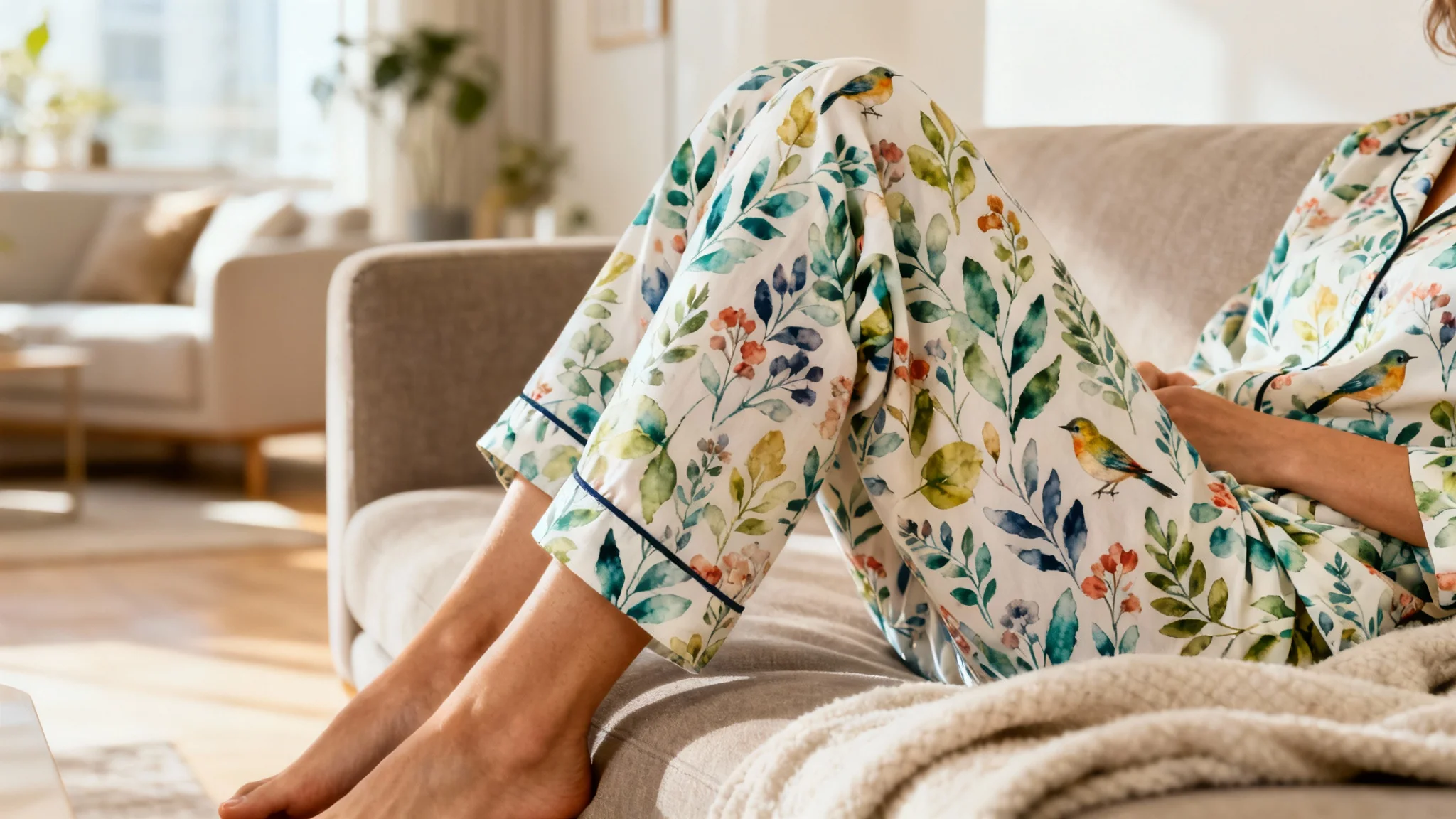 A person relaxing on a sofa wearing custom-printed pajama pants with a colorful pattern of watercolor flowers and birds, showcasing a final pajama pants mockup.