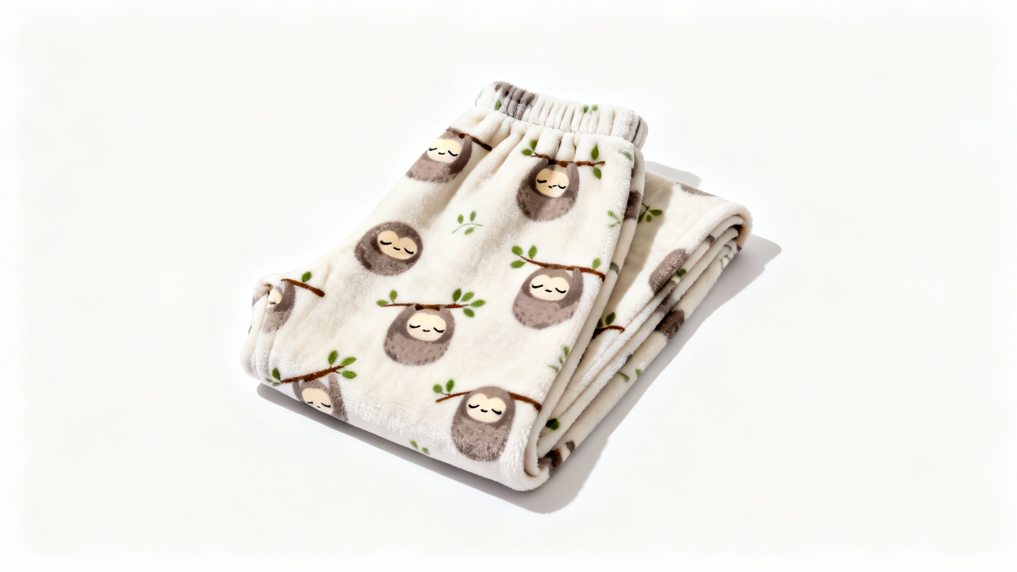 A flat lay product mockup of a single pair of soft flannel pajama pants with a cute sloth pattern, presented on a clean white background.