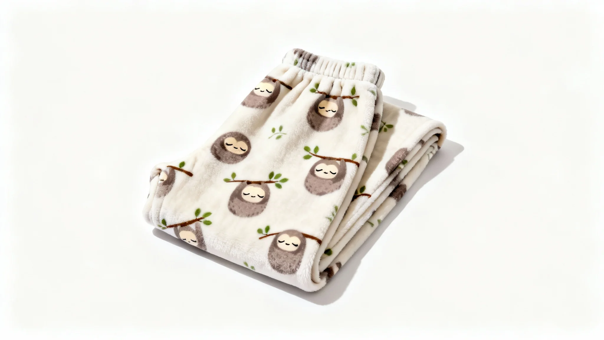 A flat lay product mockup of a single pair of soft flannel pajama pants with a cute sloth pattern, presented on a clean white background.