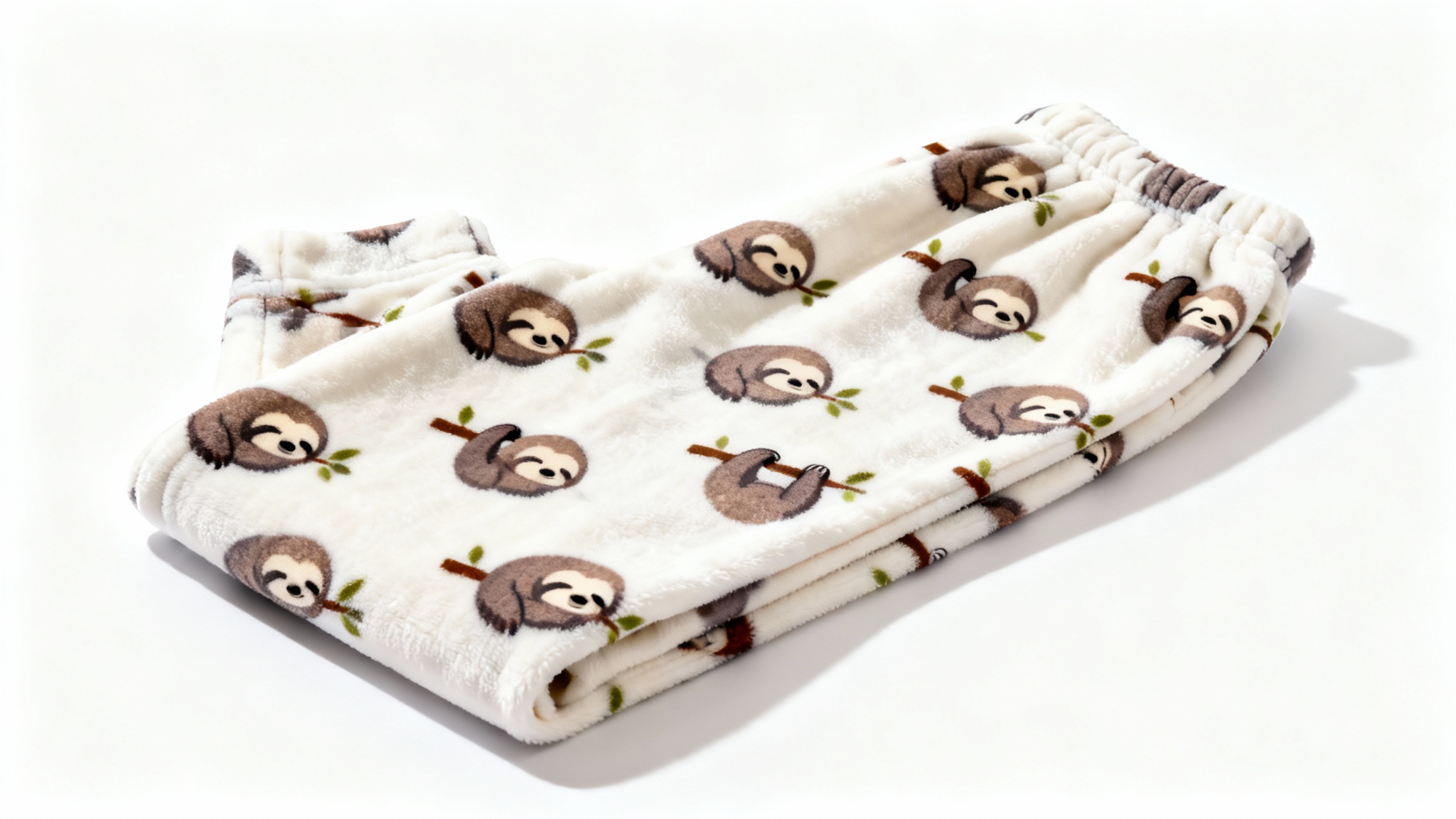 A flat lay product mockup of a pair of cozy pajama pants with a cute sleeping sloth pattern, presented on a clean white background.
