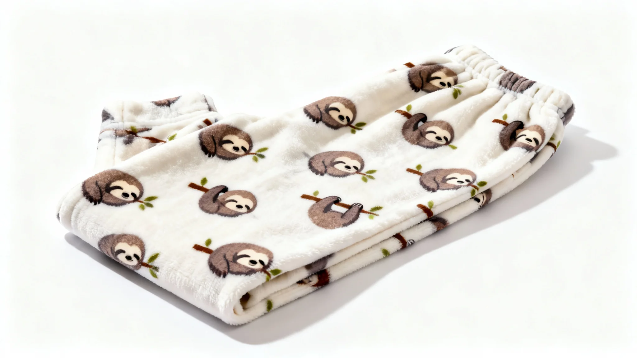 A flat lay product mockup of a pair of cozy pajama pants with a cute sleeping sloth pattern, presented on a clean white background.