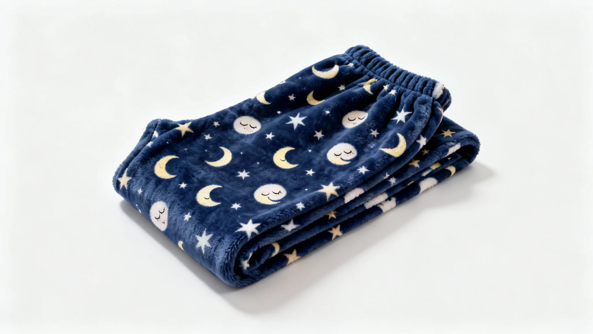 A neatly folded pair of navy blue flannel pajama pants with a cute moon and star pattern, displayed as a product mockup on a plain white background.