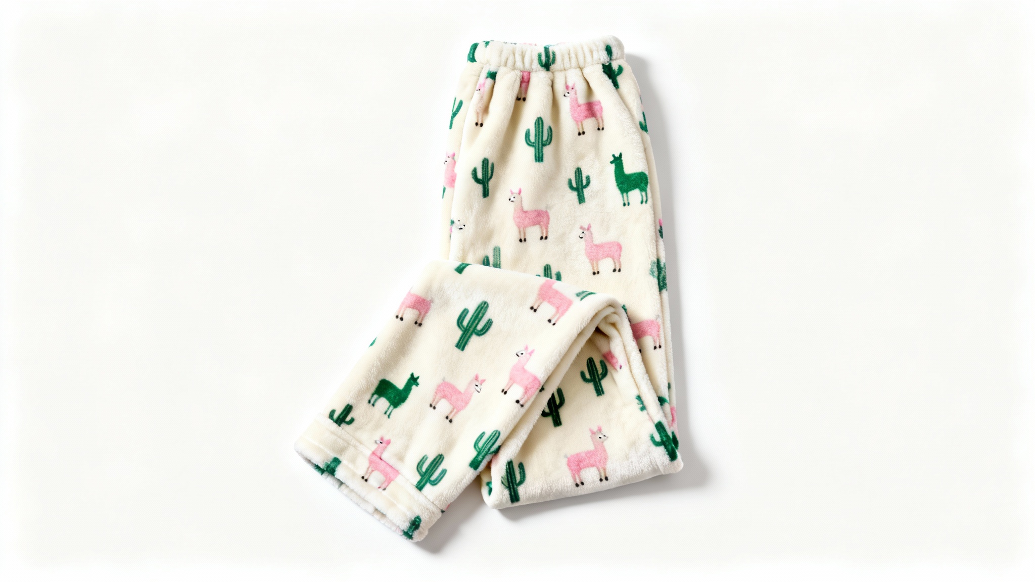 A top-down view of a pajama pants mockup featuring a playful llama and cactus pattern, displayed in a flat lay style on a clean white background.