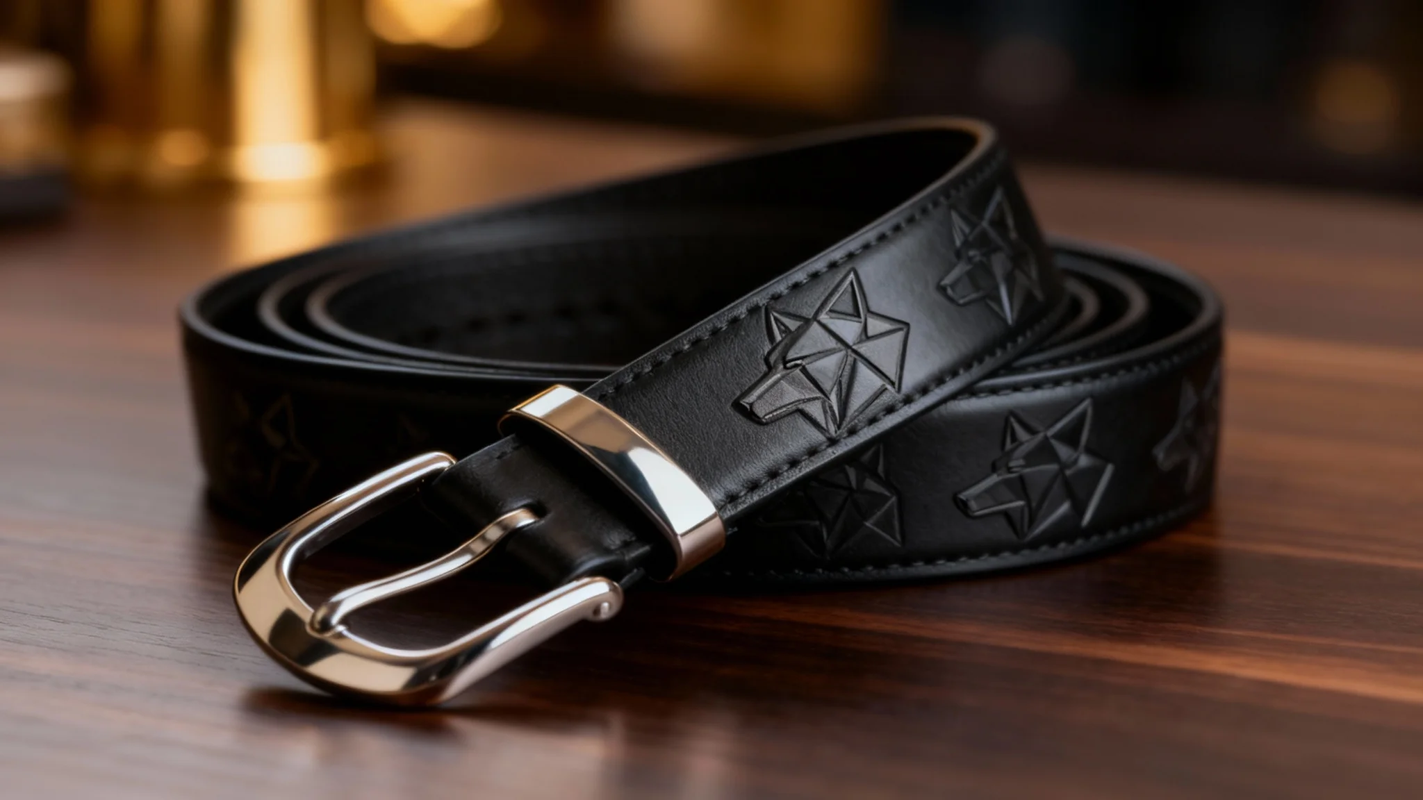 A photorealistic mockup of a black leather belt with a custom geometric wolf pattern embossed on it, coiled elegantly on a dark wooden surface, showcasing a polished silver buckle.