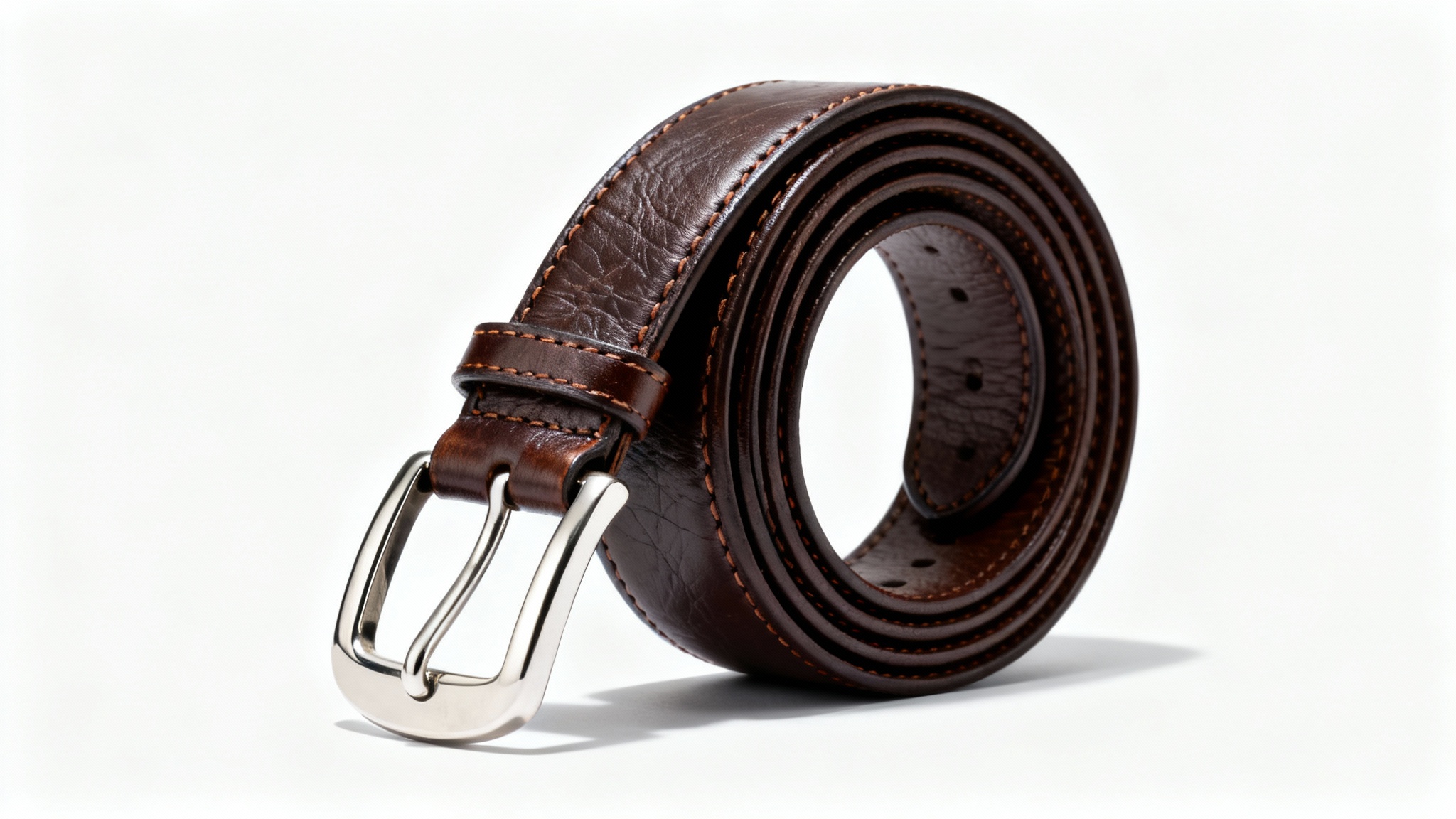 A photorealistic mockup of a coiled dark brown leather belt with a polished silver buckle, presented against a clean white background.
