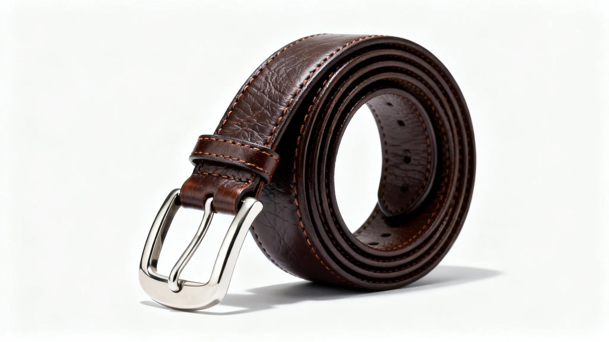 A photorealistic mockup of a coiled dark brown leather belt with a polished silver buckle, presented against a clean white background.
