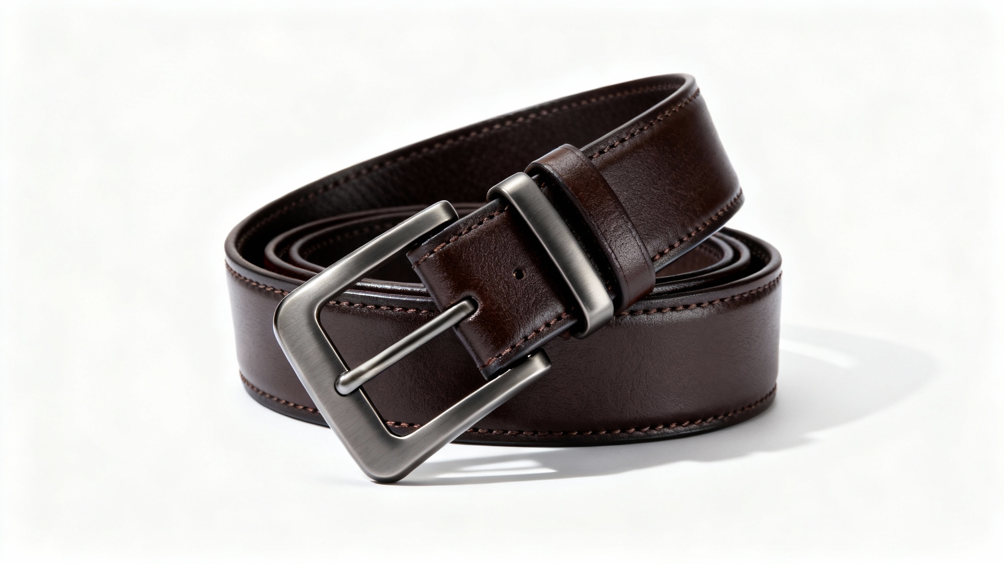 A professional mockup of a coiled dark brown leather belt with a polished gunmetal gray buckle, displayed against a plain white background.