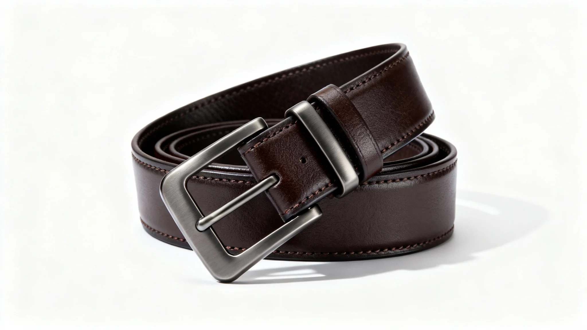 A professional mockup of a coiled dark brown leather belt with a polished gunmetal gray buckle, displayed against a plain white background.