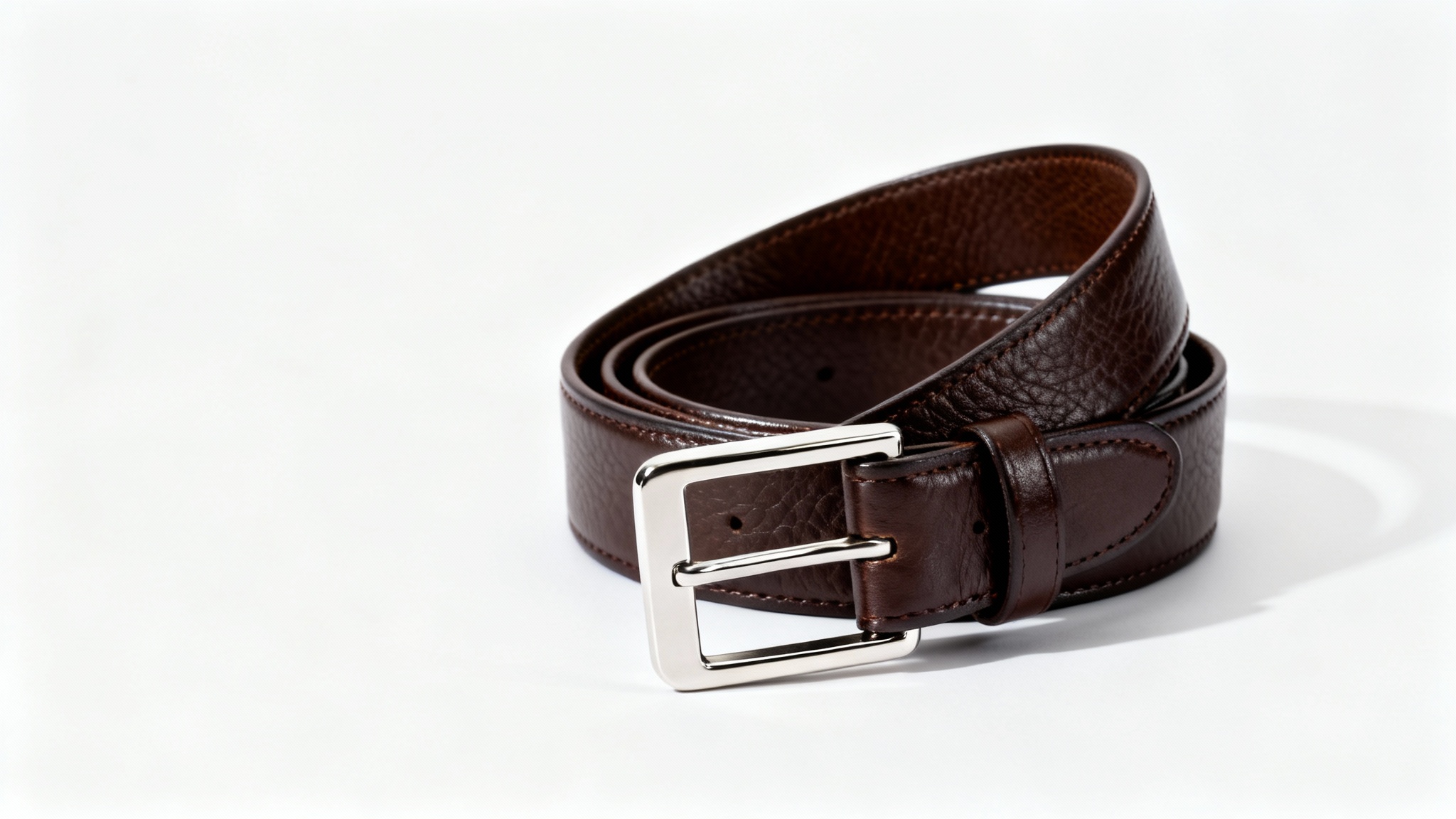 A professional mockup of a dark brown leather belt with a silver buckle, elegantly coiled on a sterile white background.