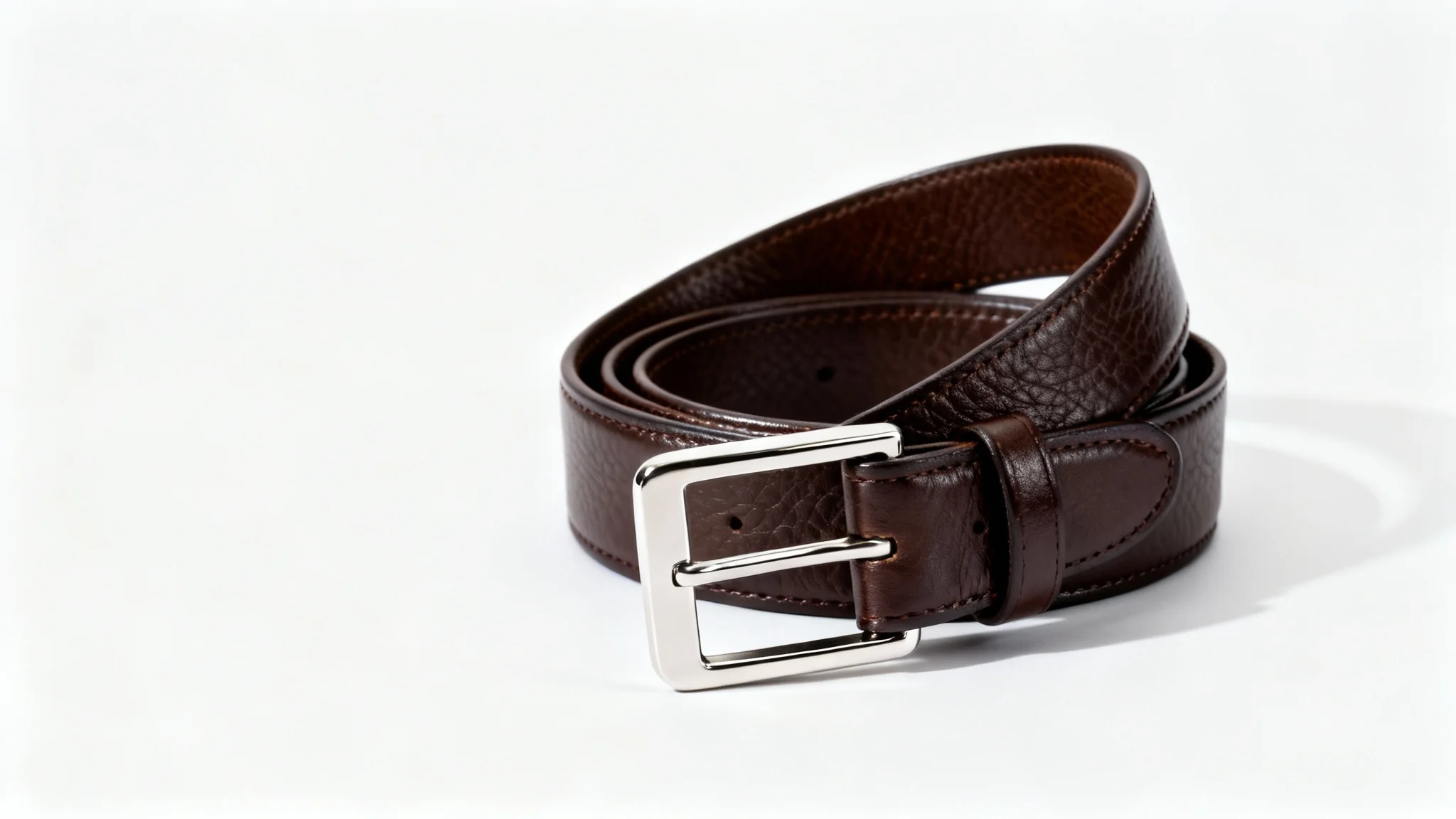 A professional mockup of a dark brown leather belt with a silver buckle, elegantly coiled on a sterile white background.